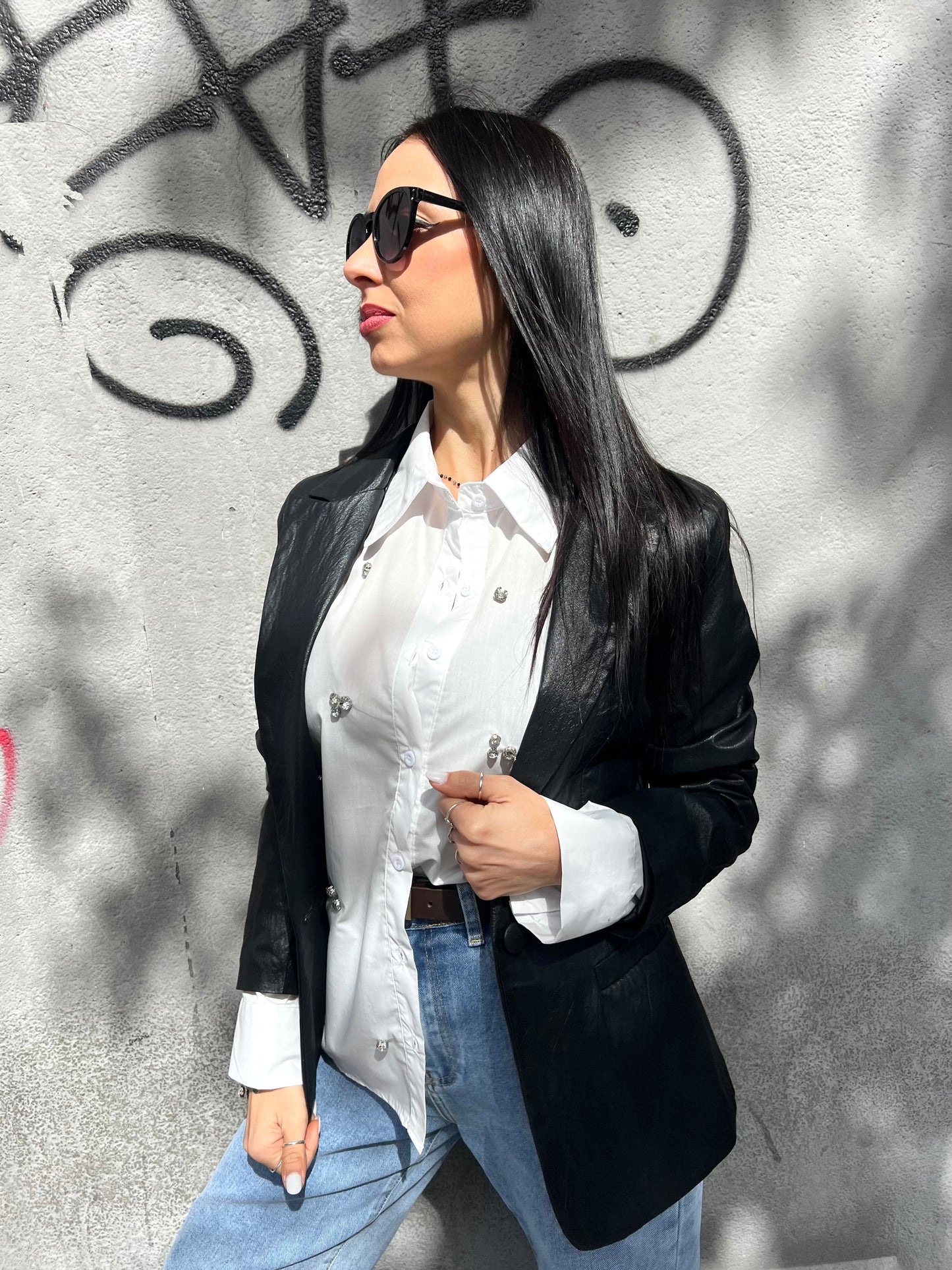 SUSY MIX GIACCA UN BOTTONE ECOPELLE ANTALIA NERO