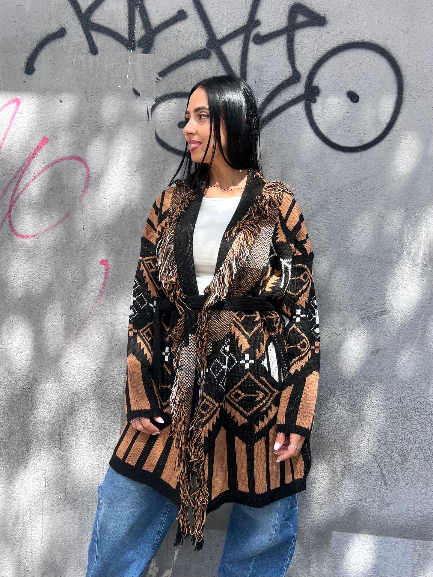 SUSY MIX CARDIGAN CABAN FANTASIA ETNICA FARAH CAMEL