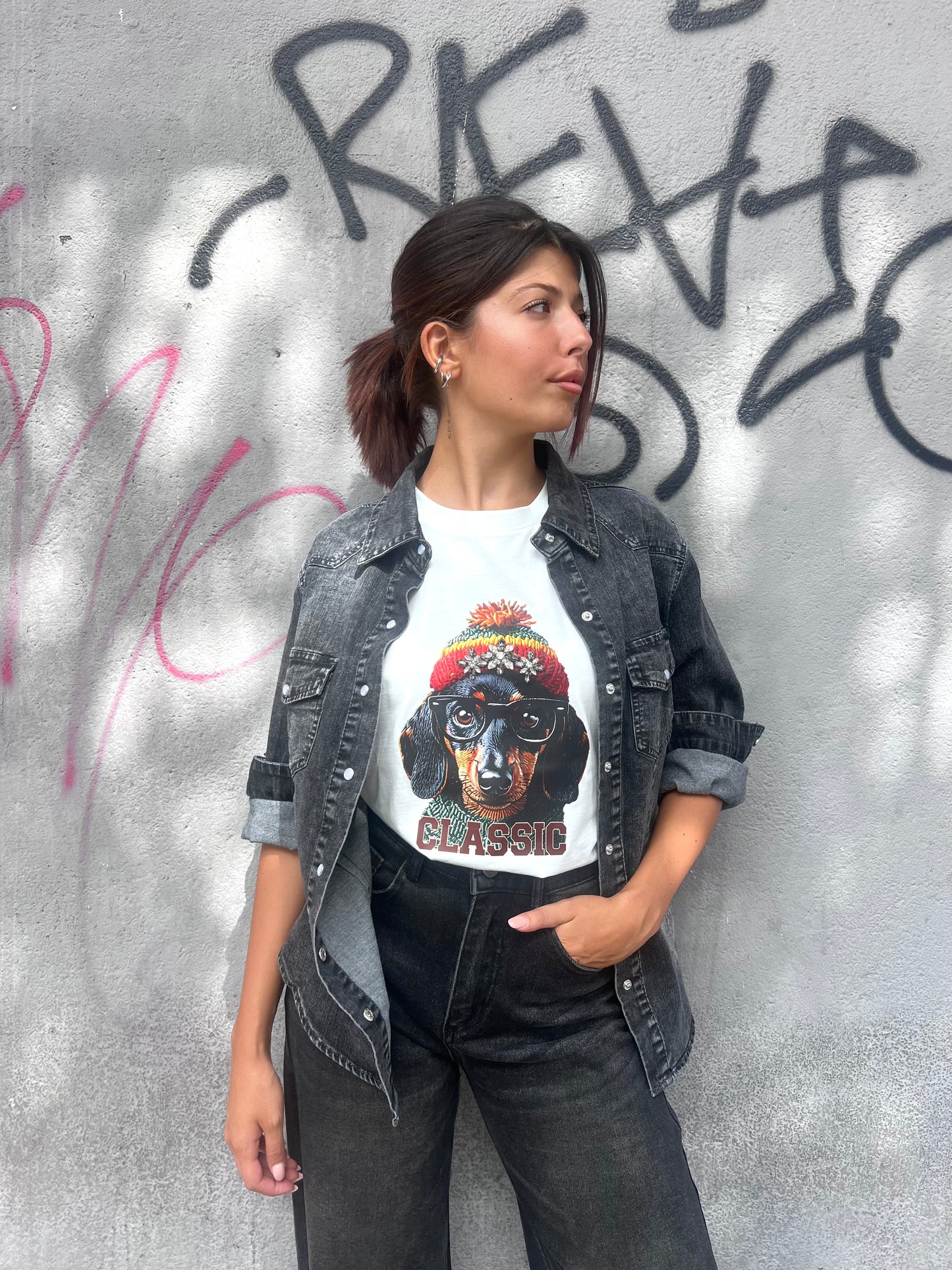 SUSY MIX T-SHIRT M/M STAMPA BASSOTTO STRASS BIANCO