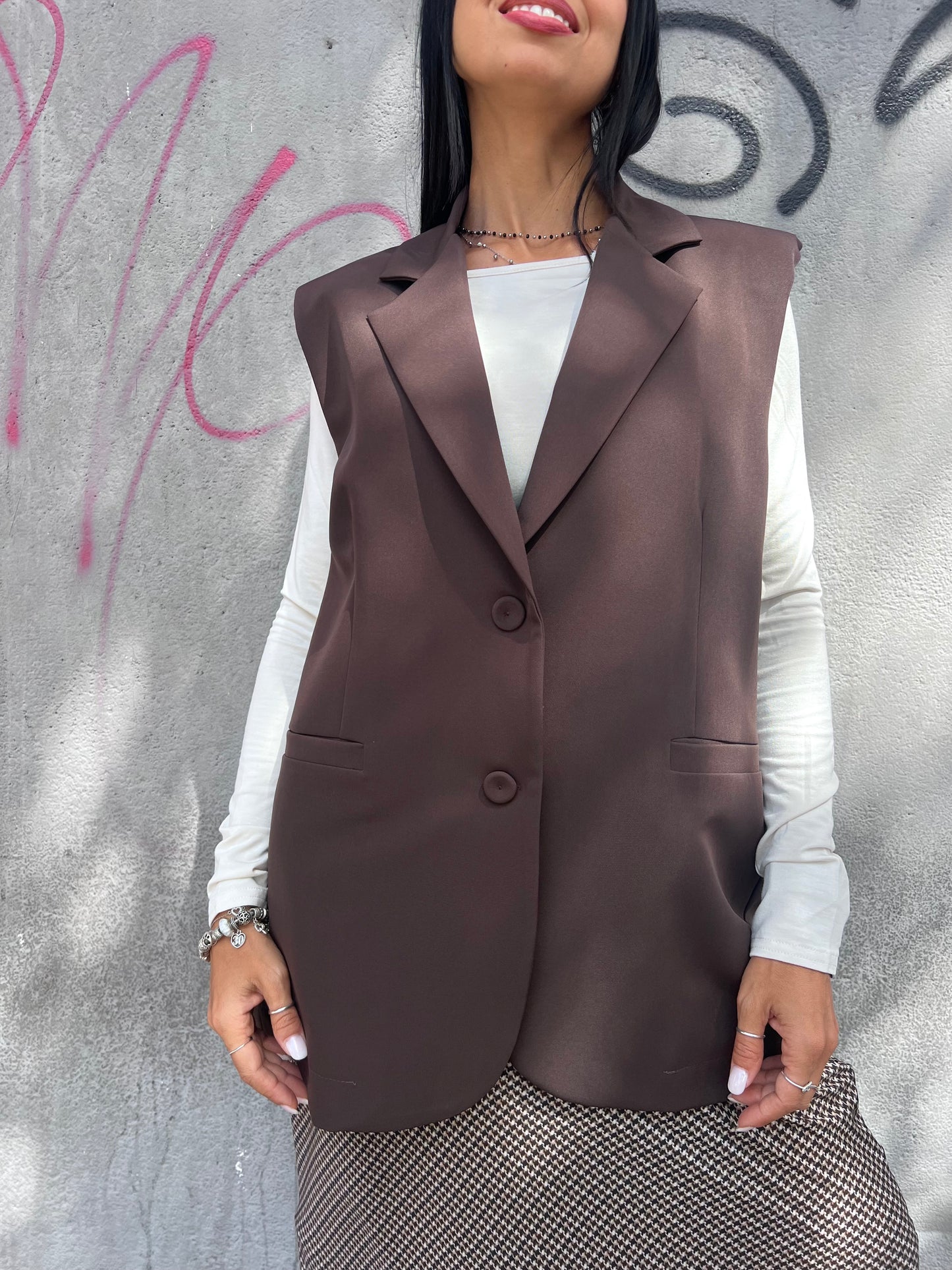 SUSY MIX GILET LUNGO OVER UN BOTTONE LORET CIOCCOLATO