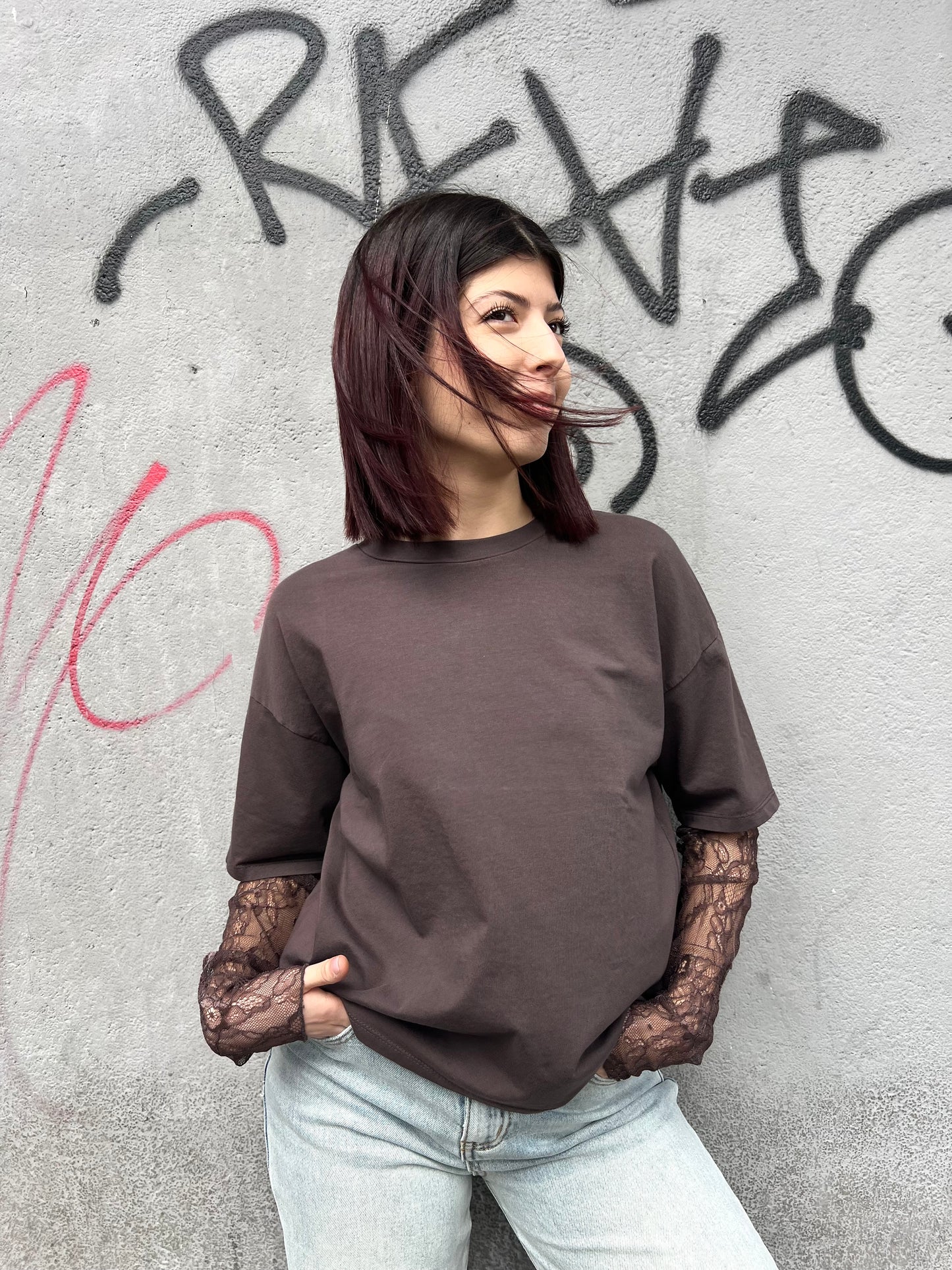 SUSY MIX T-SHIRT GIROCOLLO MANICA PIZZO ALISIA CIOCCOLATO