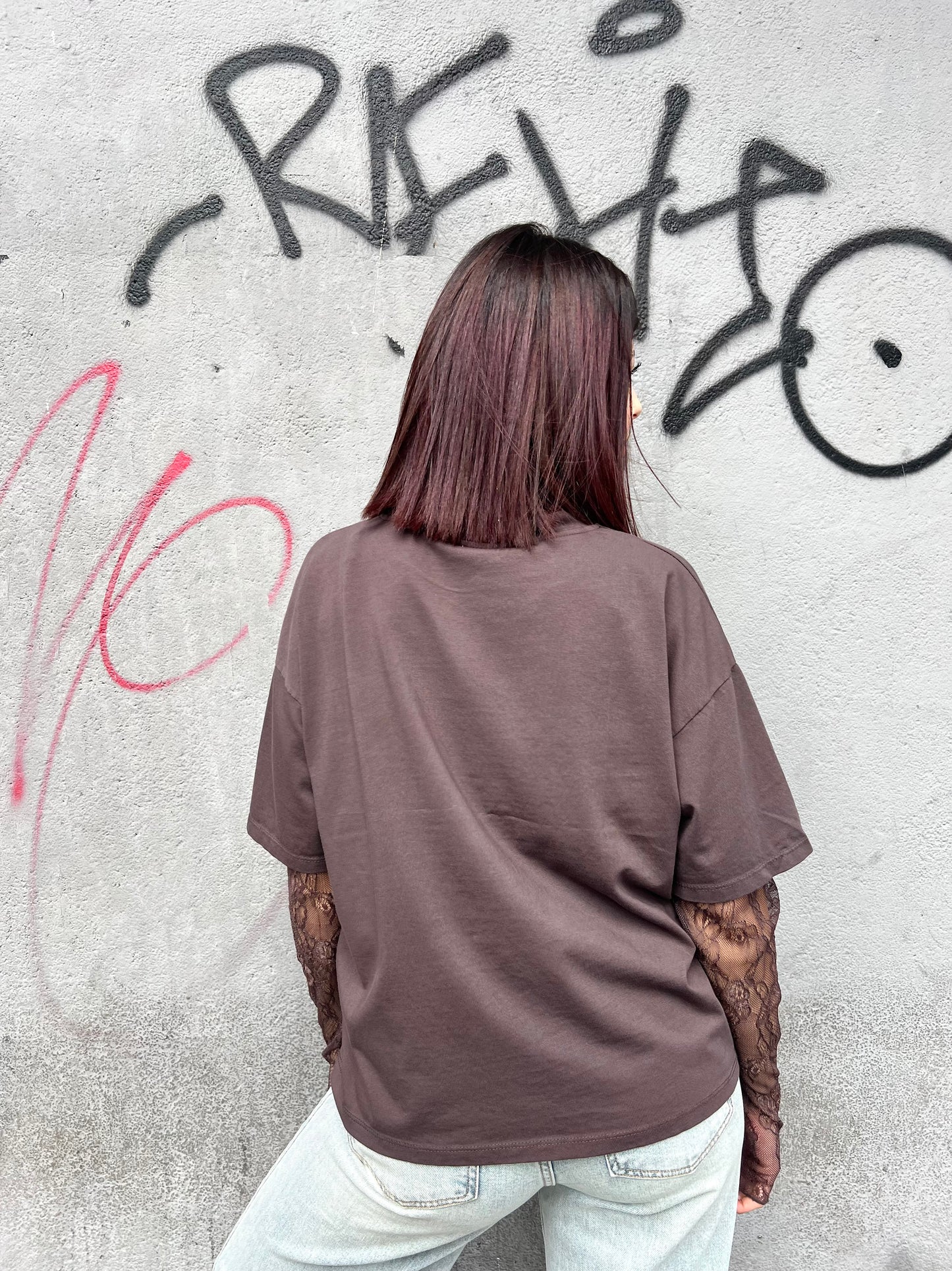 SUSY MIX T-SHIRT GIROCOLLO MANICA PIZZO ALISIA CIOCCOLATO