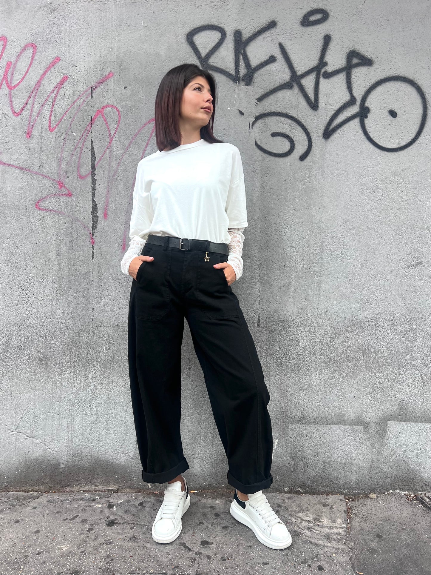 SUSY MIX PANTALONE VITA ALTA BALLON STELLINA NERO