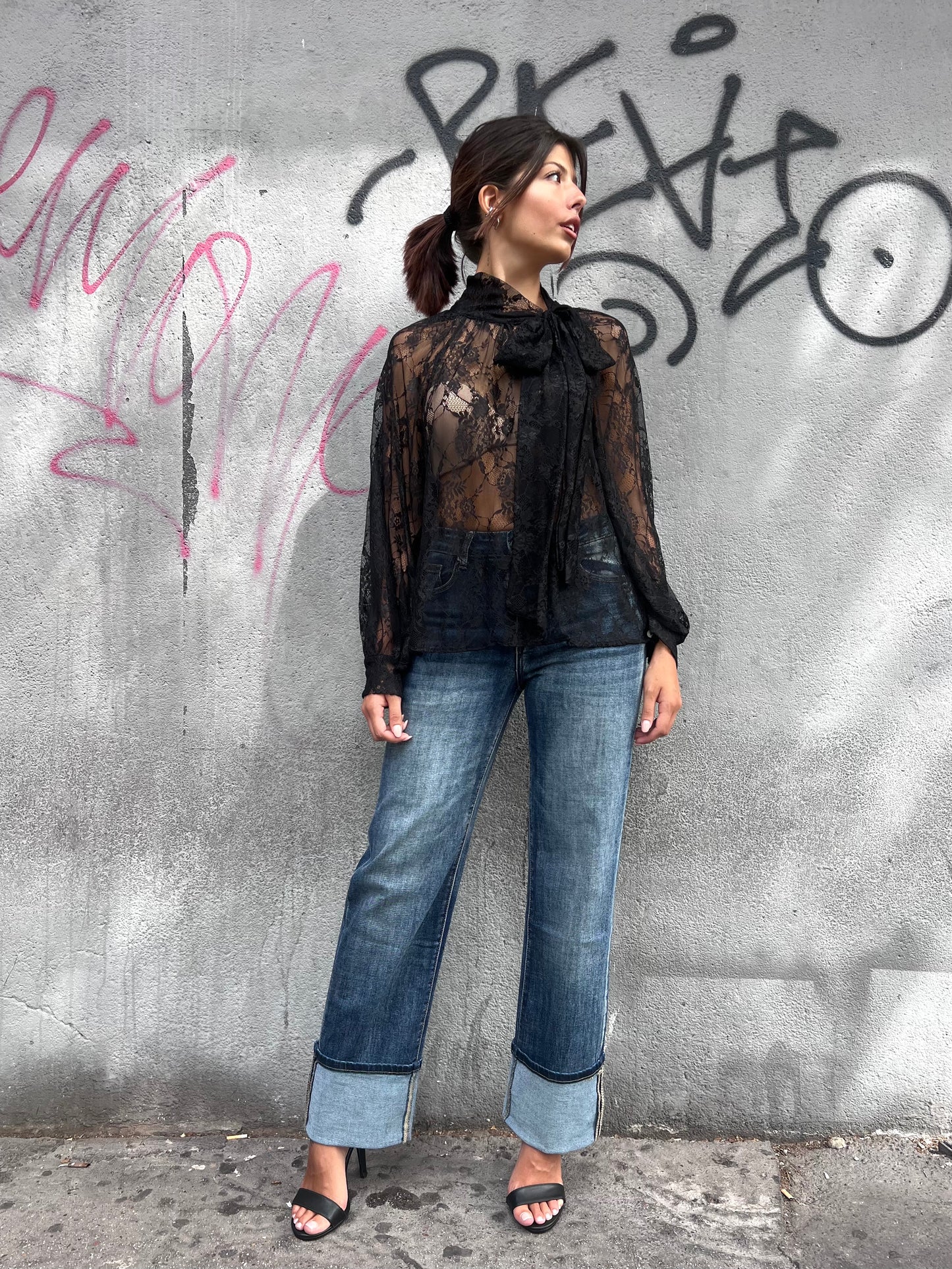 DENIM VITA ALTA FULL LENGT RISVOLTO KATIA BLU