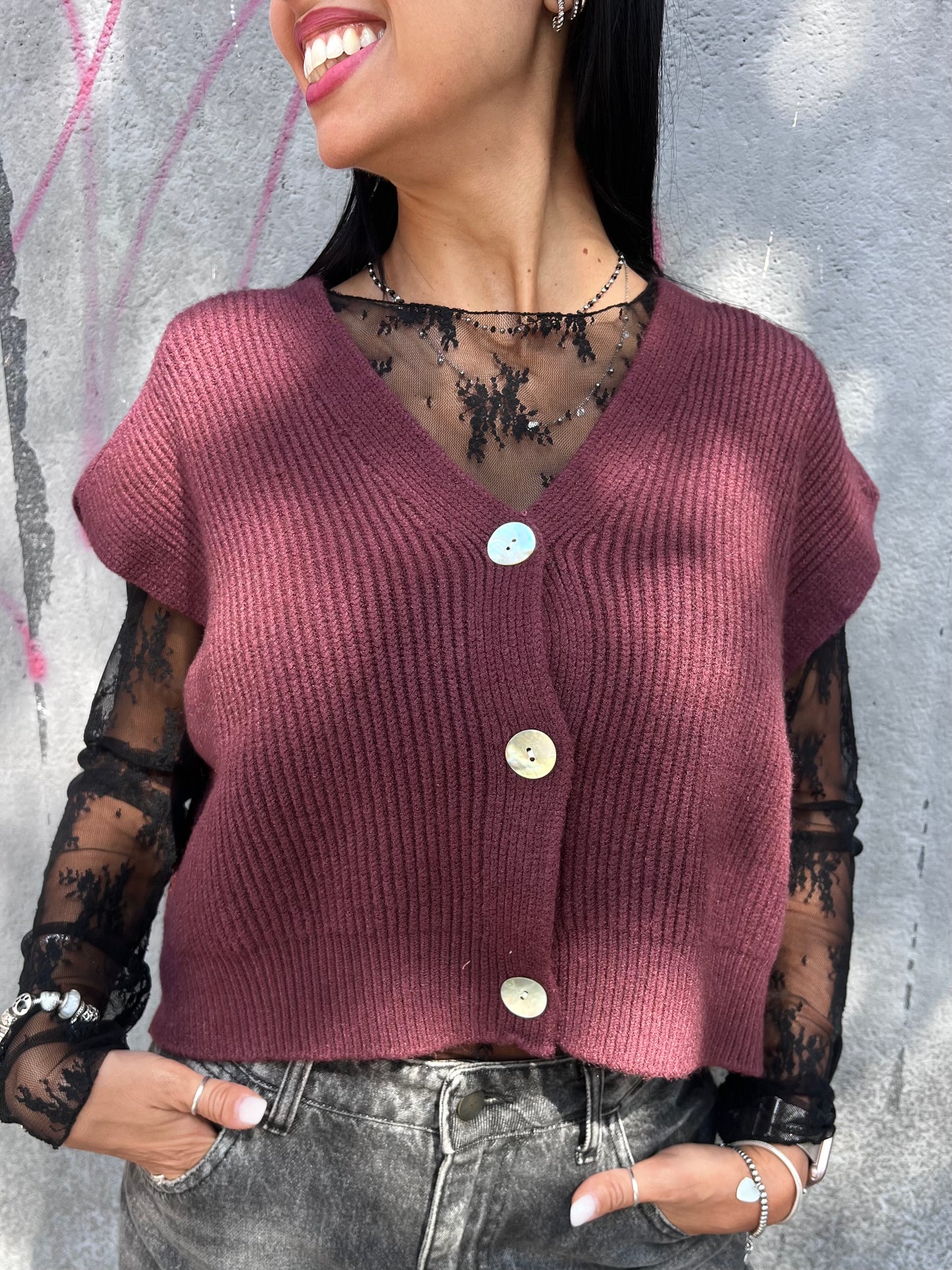 SUSY MIX GILET CROP COSTE BOTTONI GINNY VINO