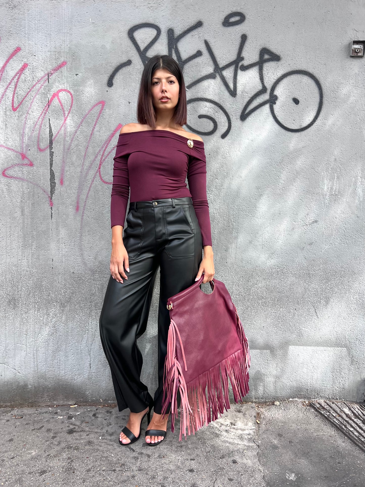 SUSY MIX PANTALONE VITA ALTA ECOPELLE BALLON SELENIA NERO