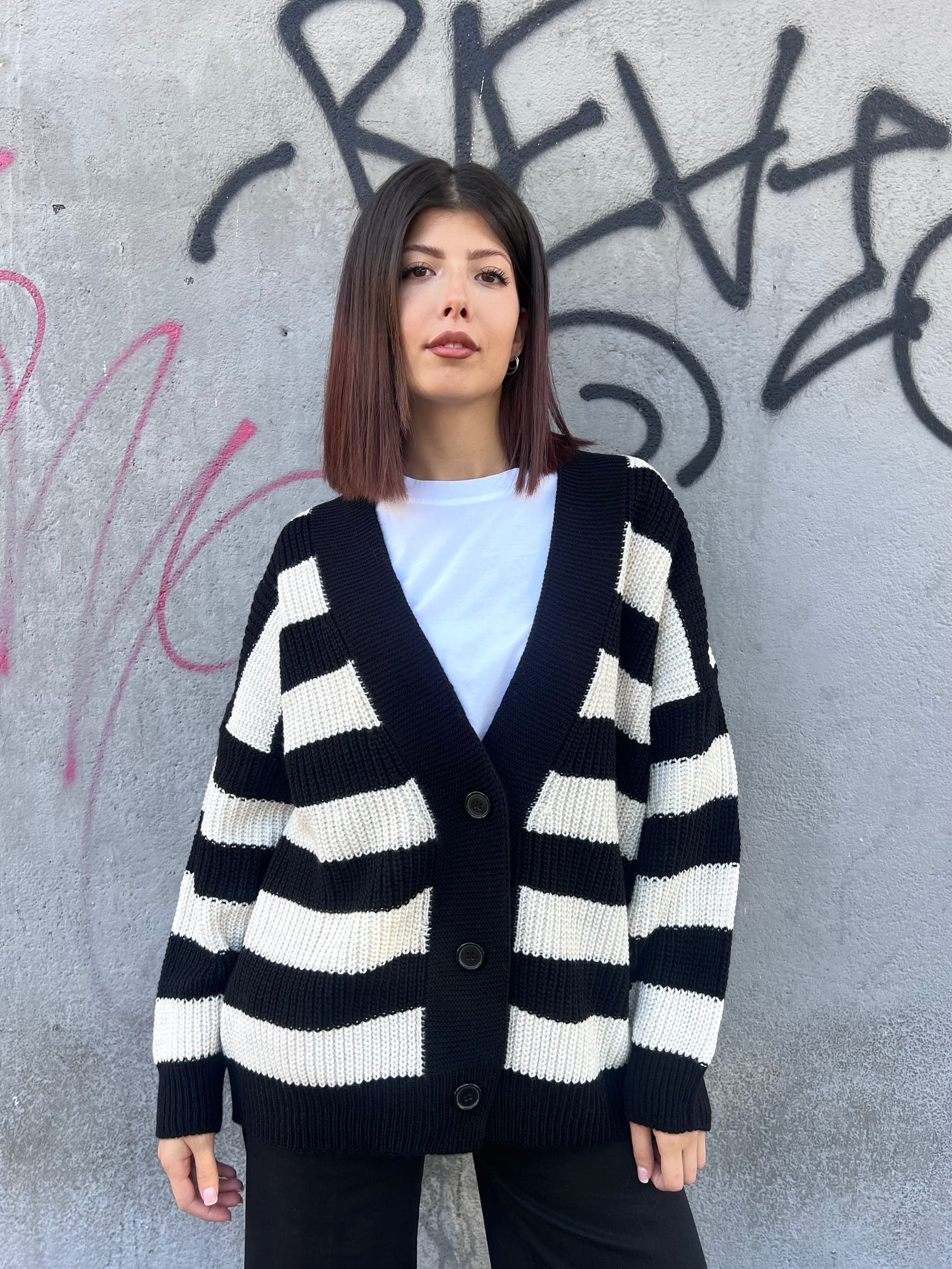 SUSY MIX CARDIGAN OVER RIGHE MARGHE NERO
