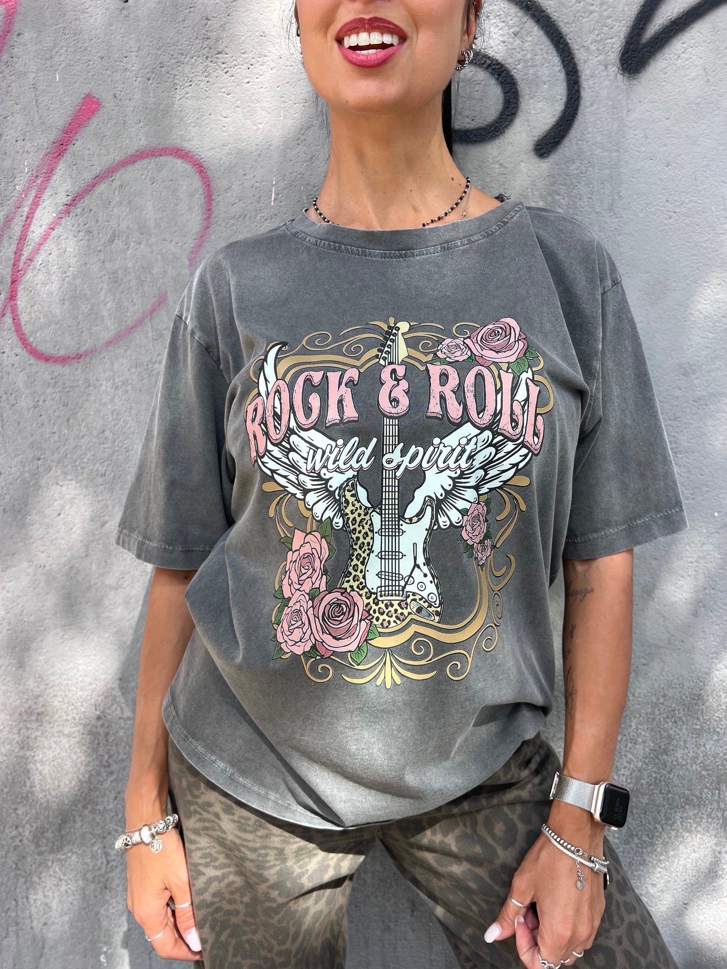 T-SHIRT M/M EFFETTO SLAVATO “ROCK ROLL” GRIGIO
