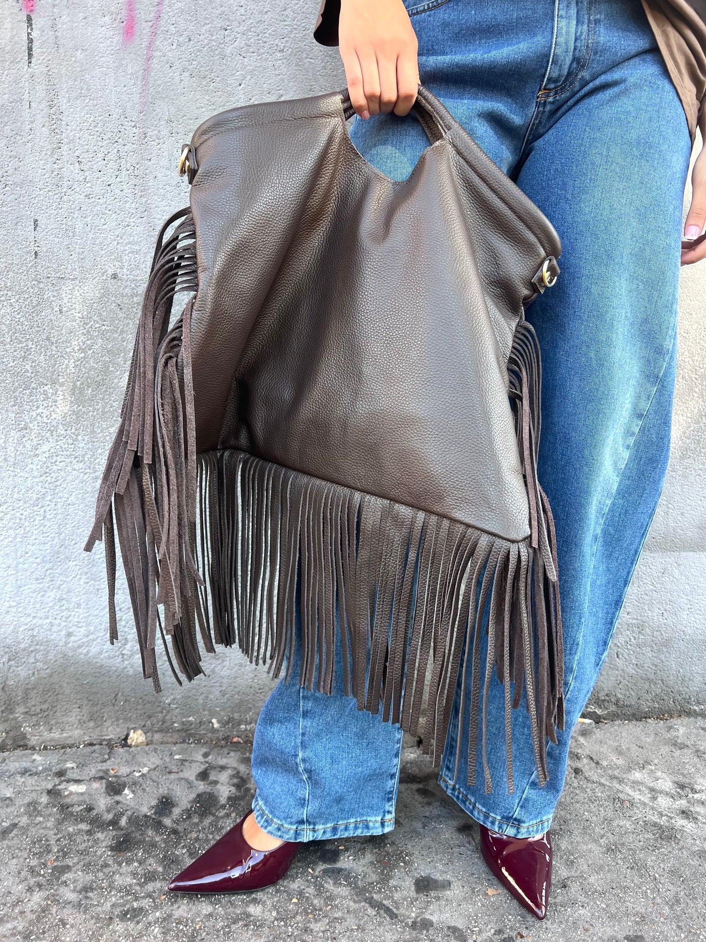 BORSA TOTE BAG MAXI FRANGE PELLE CIOCCOLATO