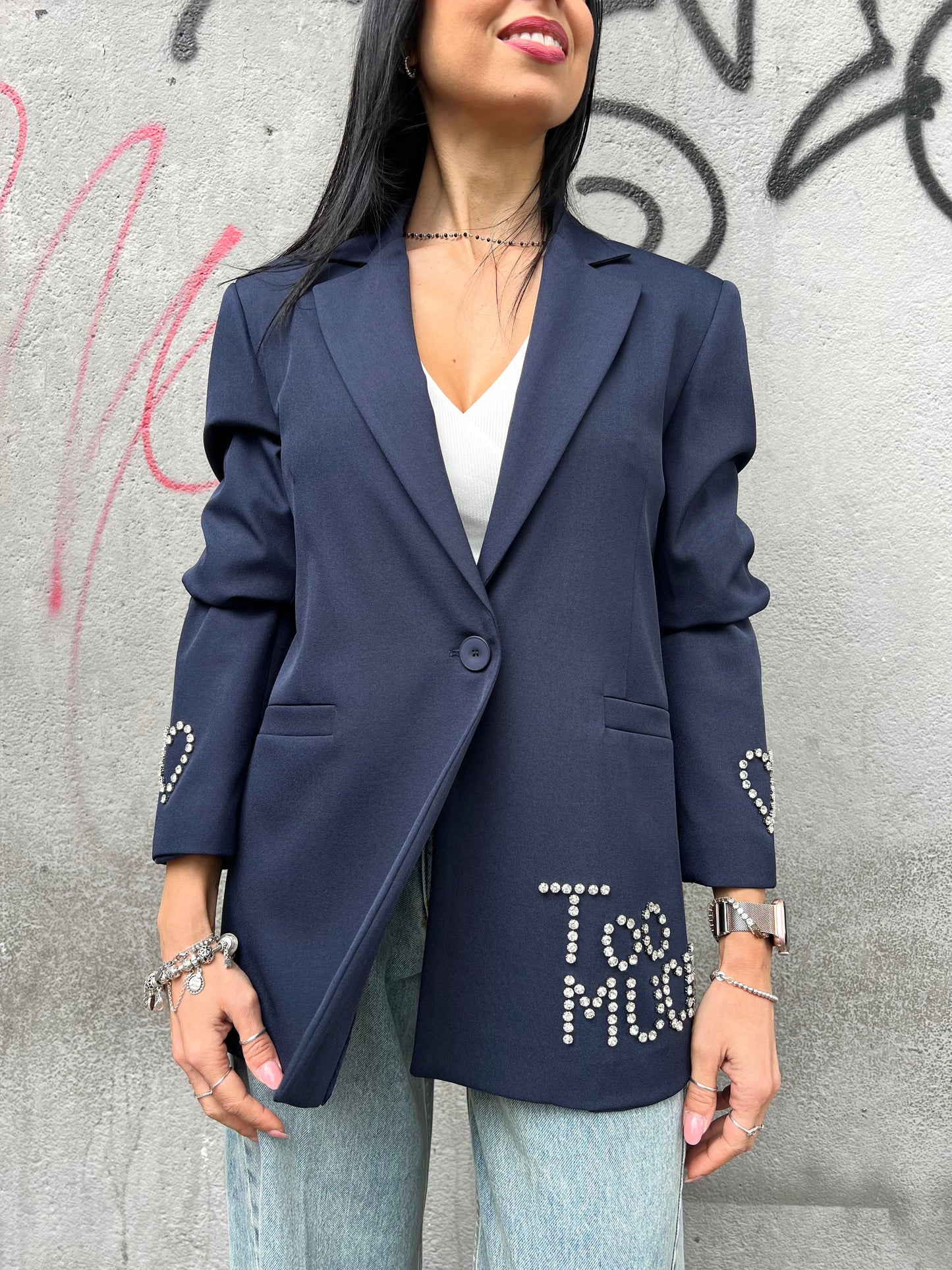 SUSY MIX GIACCA MONOPETTO STRASS “TOO MUCH” BLUE