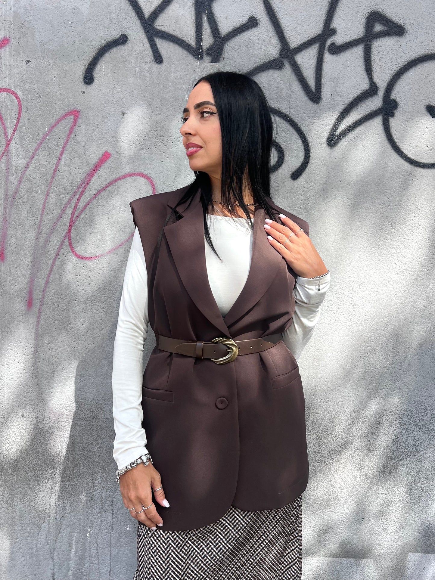 SUSY MIX GILET LUNGO OVER UN BOTTONE LORET CIOCCOLATO