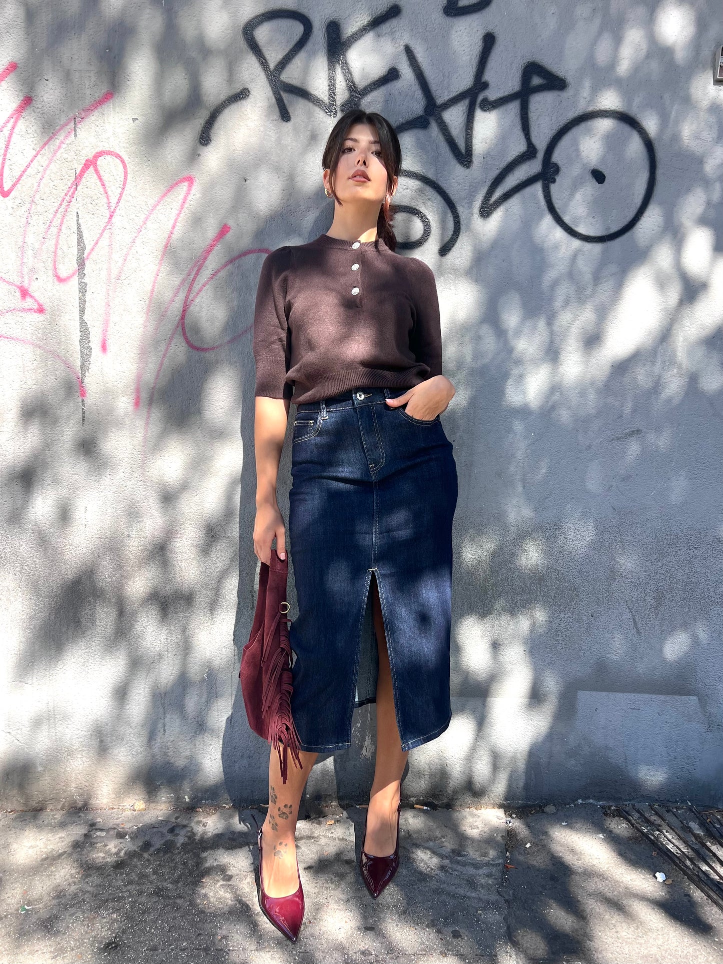 SUSY MIX GONNA DENIM MIDI SPACCO NATANIA BLU