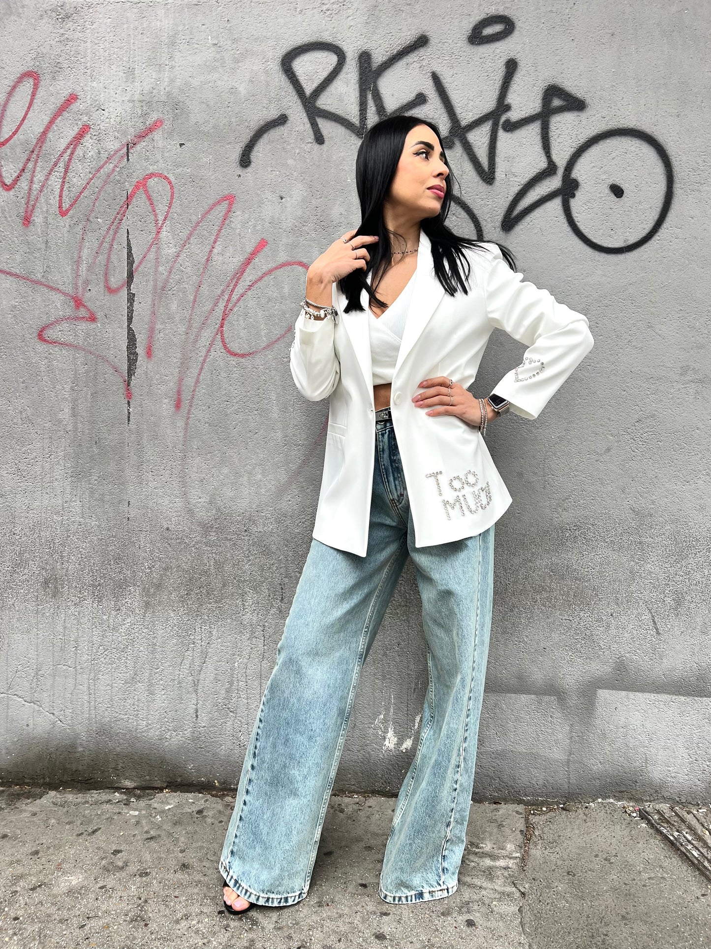 SUSY MIX GIACCA MONOPETTO STRASS “TOO MUCH” BIANCO