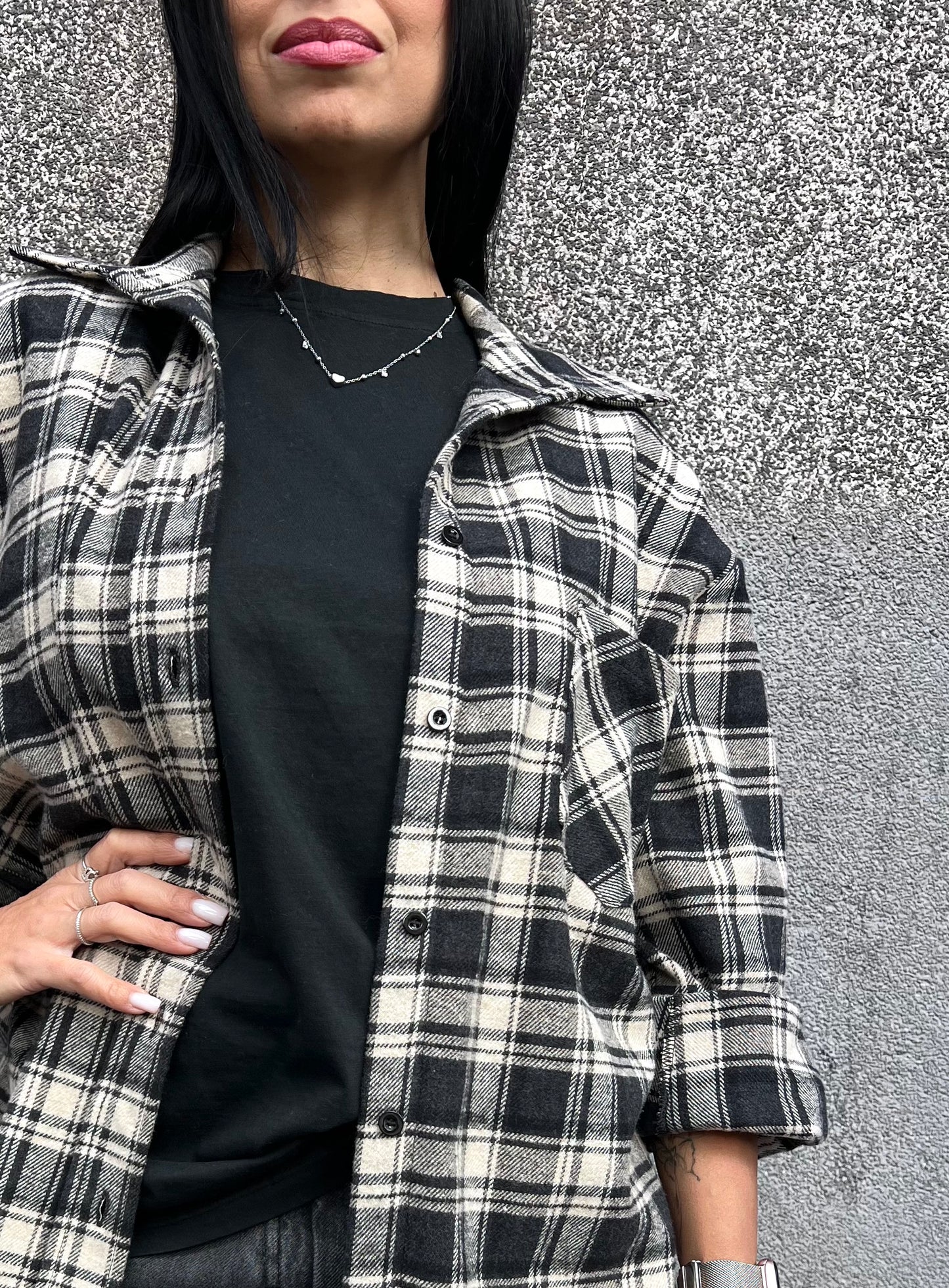 SUSY MIX MAXI CAMICIA CHECK FLANELLA MAVI NERO