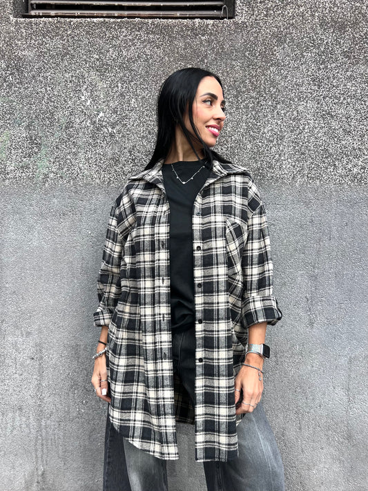 SUSY MIX MAXI CAMICIA CHECK FLANELLA MAVI NERO