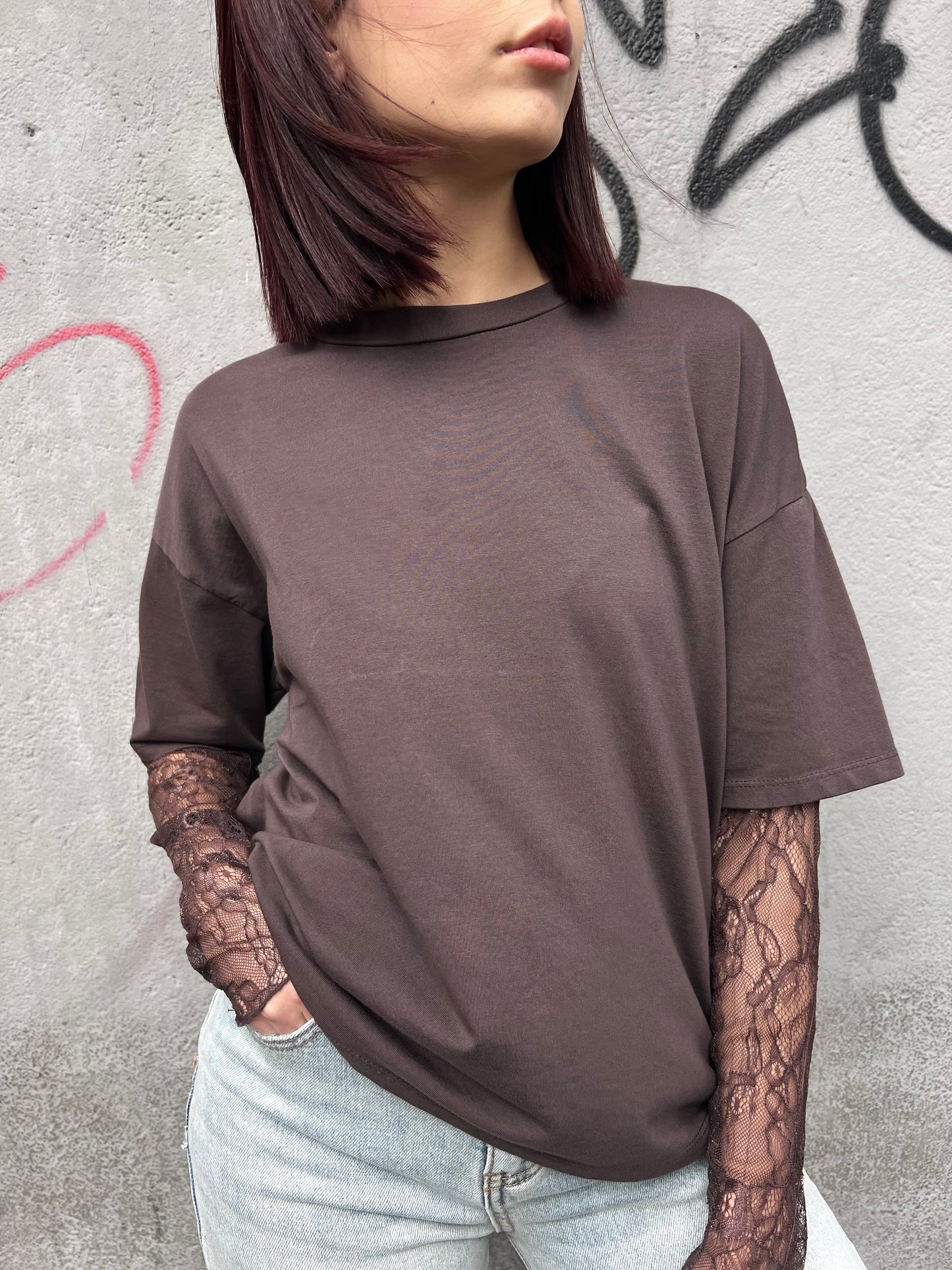 SUSY MIX T-SHIRT GIROCOLLO MANICA PIZZO ALISIA CIOCCOLATO