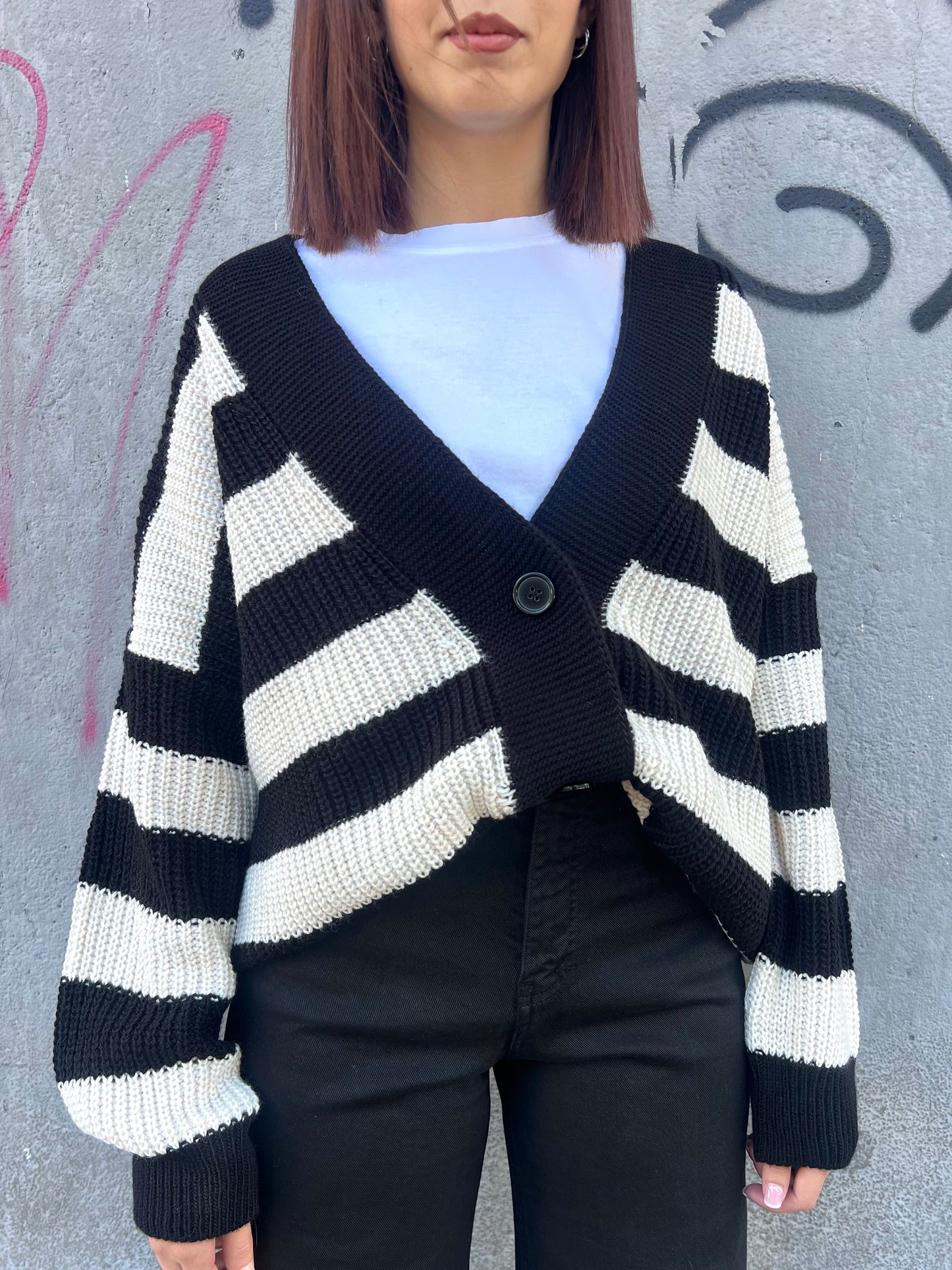 SUSY MIX CARDIGAN OVER RIGHE MARGHE NERO