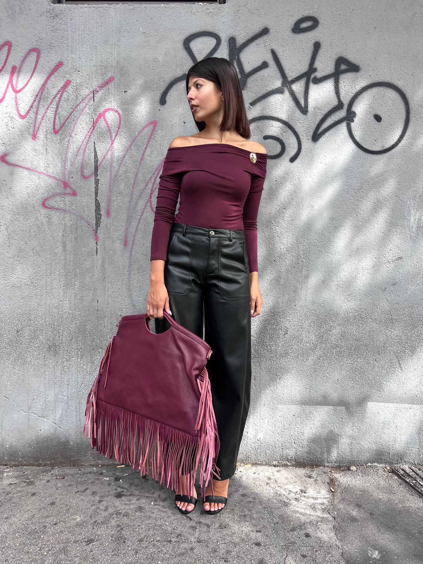 BORSA TOTE BAG MAXI FRANGE PELLE BURGUNDY