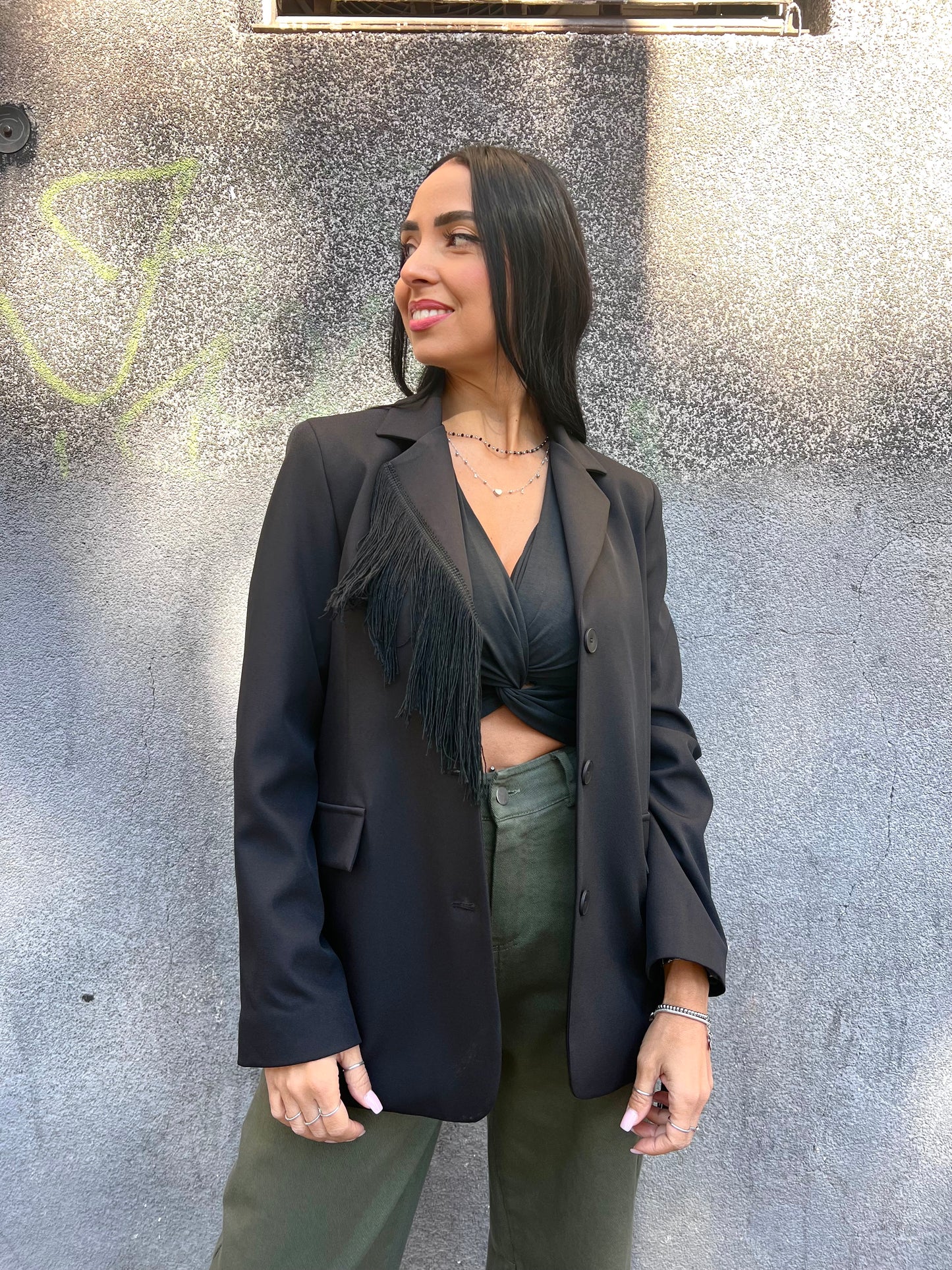 SUSY MIX GIACCA MONOPETTO FRANGE DESI NERO