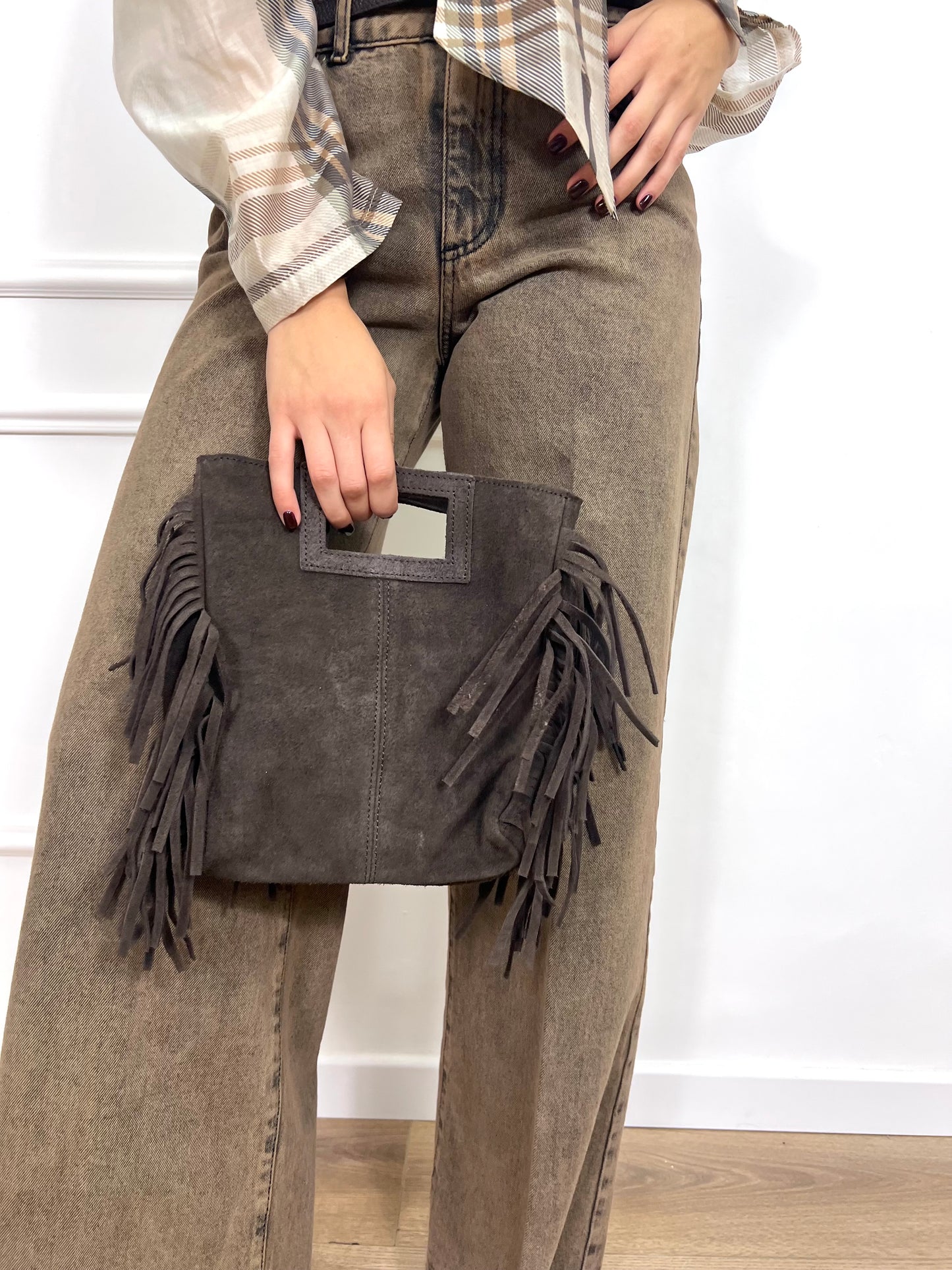 BORSA MINI SHOPPER IN CAMOSCIO CON FRANGE MORO