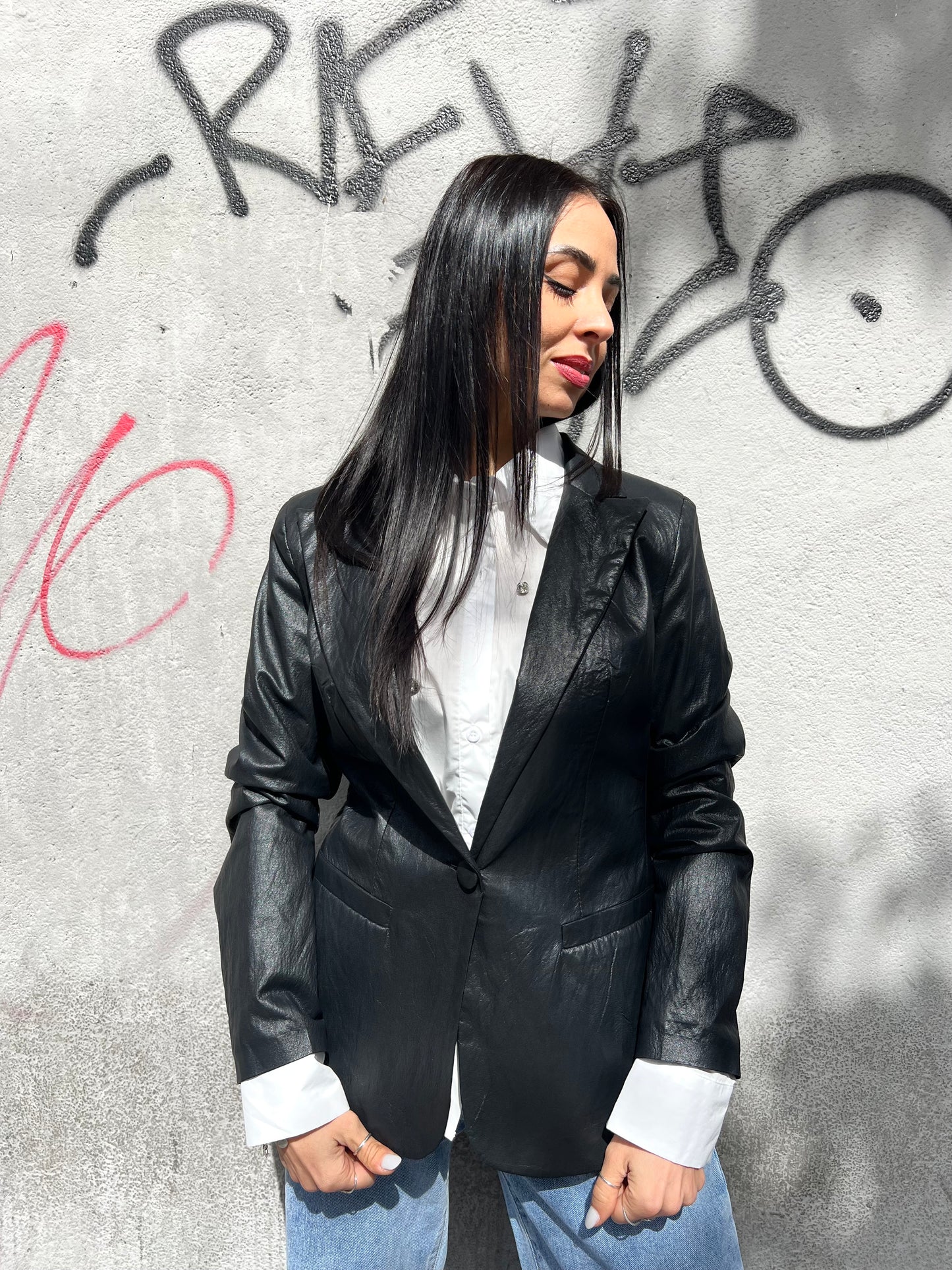 SUSY MIX GIACCA UN BOTTONE ECOPELLE ANTALIA NERO