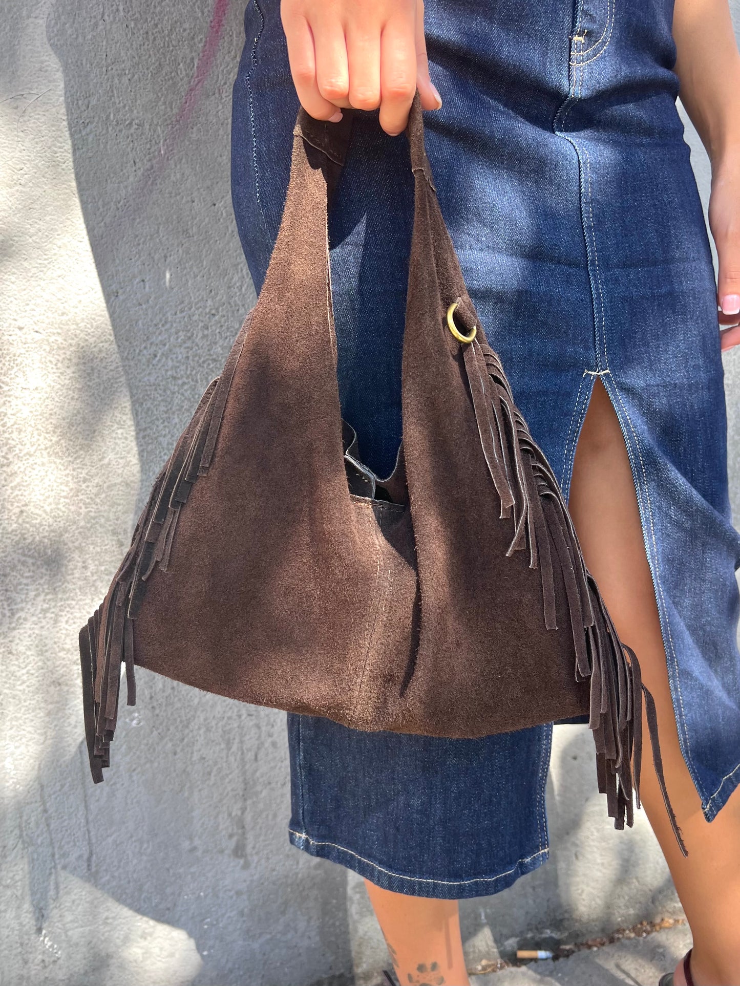 BORSA MINI SAC PELLE SUEDE CON FRANGE DEVA CIOCCOLATO