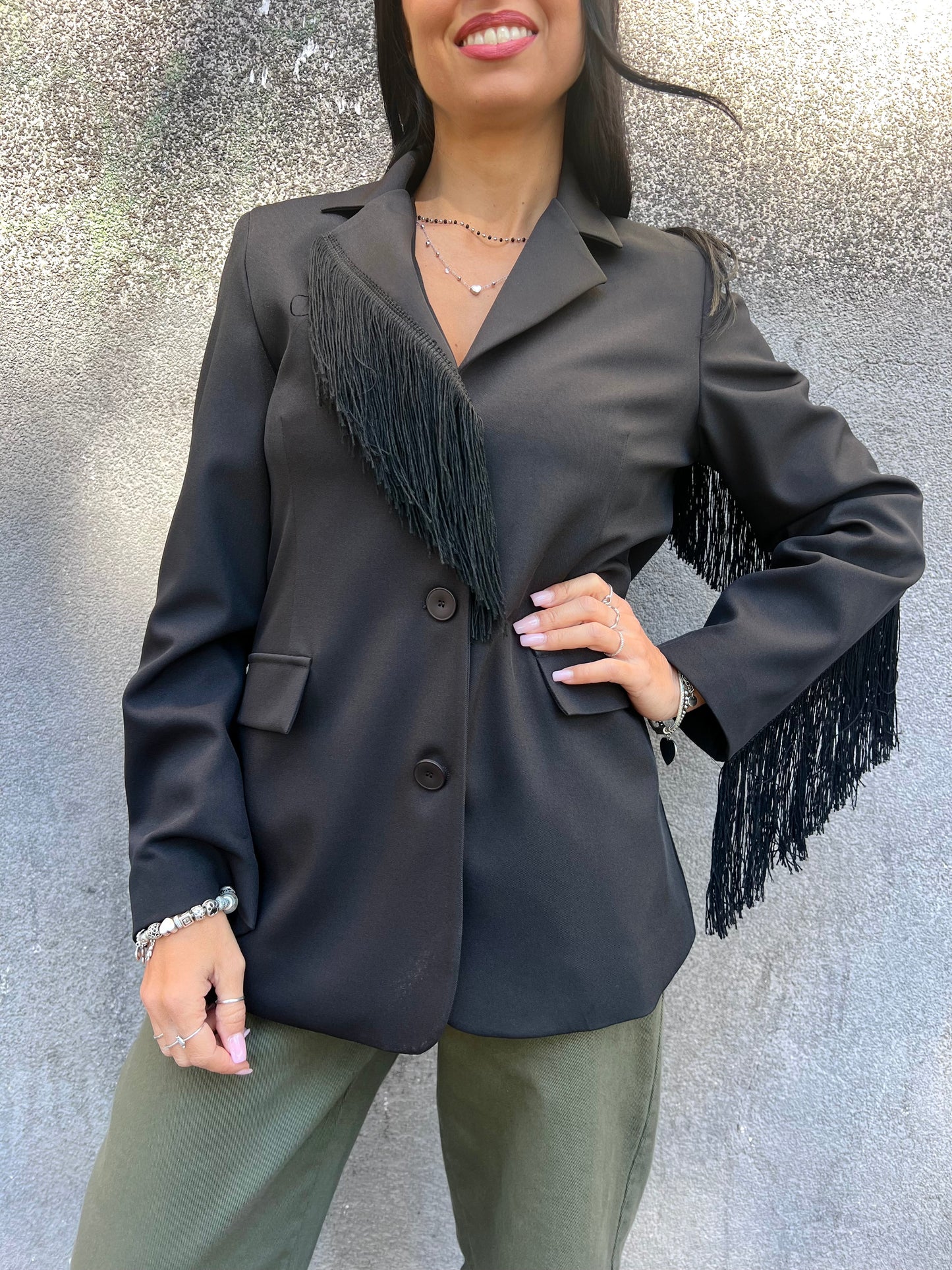 SUSY MIX GIACCA MONOPETTO FRANGE DESI NERO
