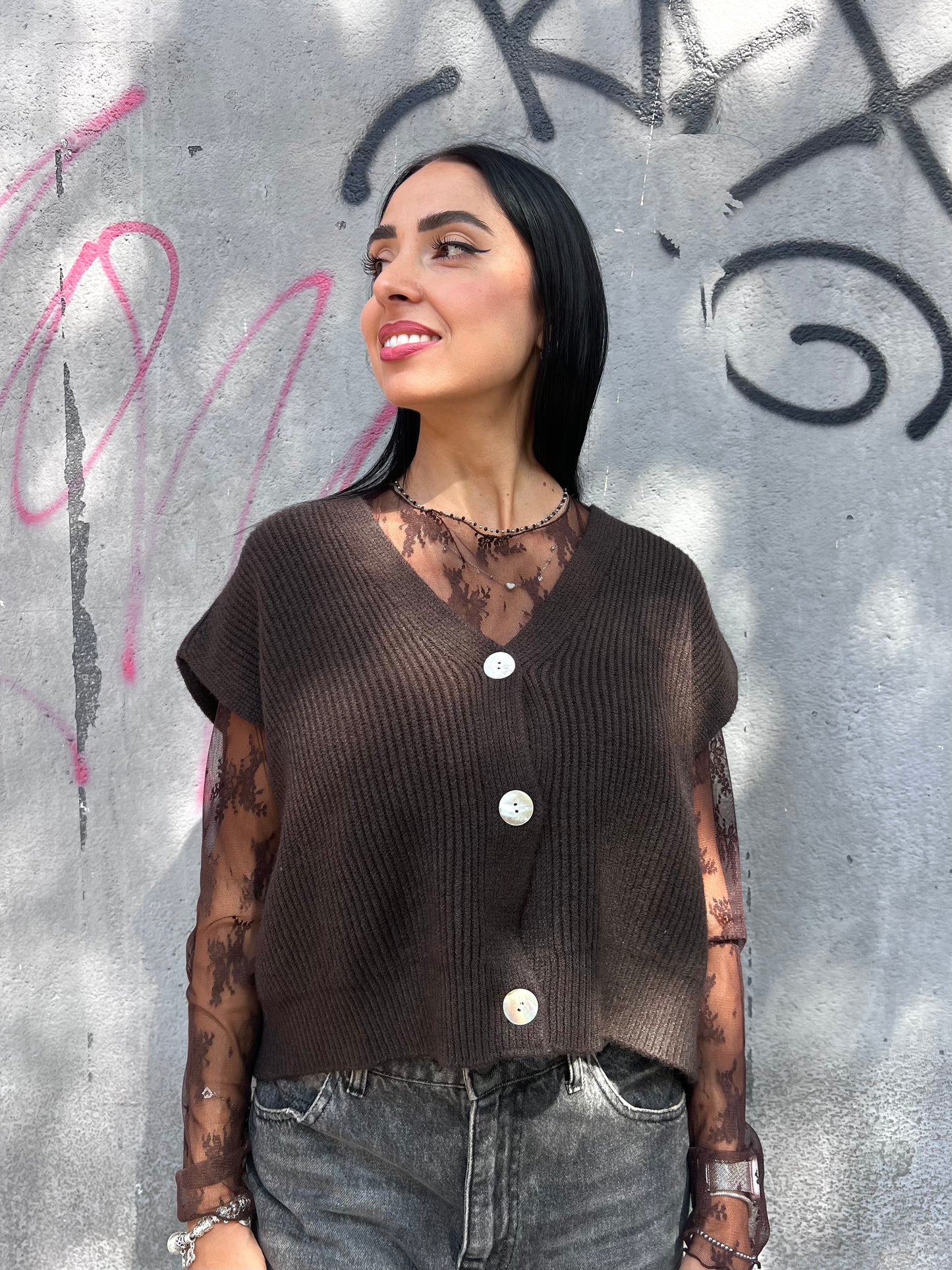 SUSY MIX GILET CROP COSTE BOTTONI GINNY MORO