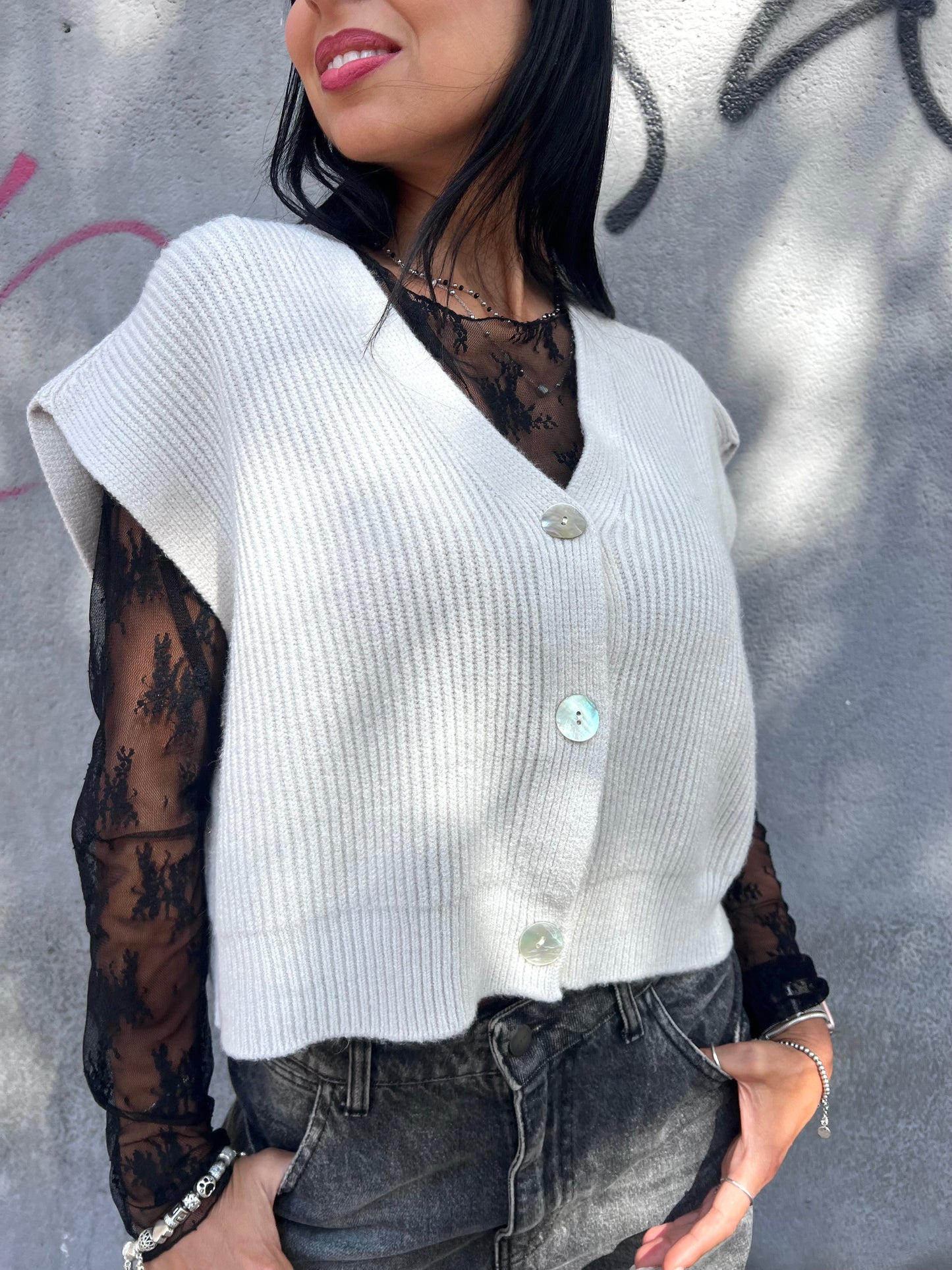 SUSY MIX GILET CROP COSTE BOTTONI GINNY BURRO