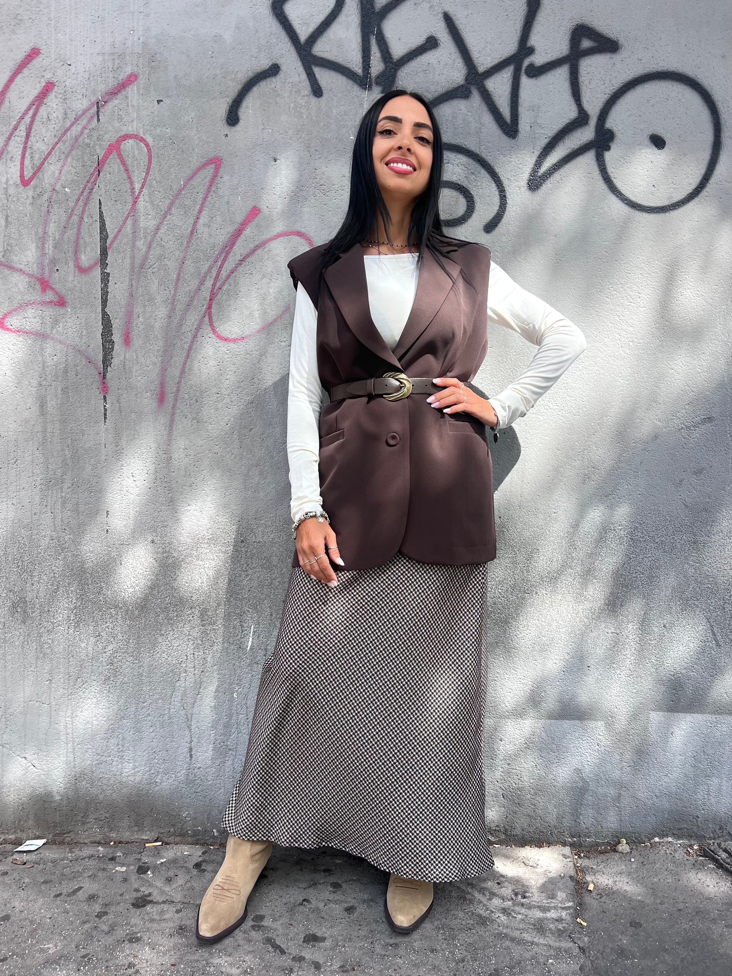 SUSY MIX GILET LUNGO OVER UN BOTTONE LORET CIOCCOLATO