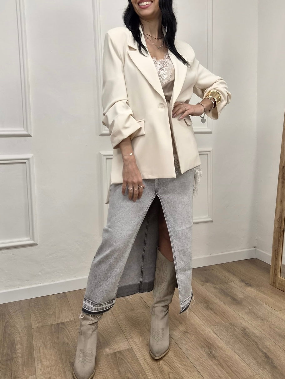 GONNA LUNGA DENIM MATITA CON SPACCO AVANTI ROBY GRIGIO