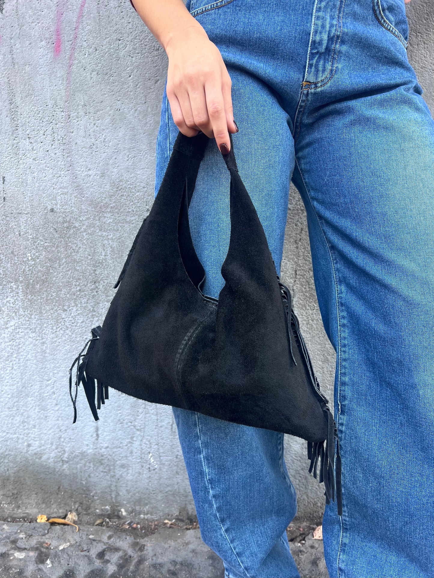BORSA MINI SAC PELLE SUEDE CON FRANGE DEVA NERO