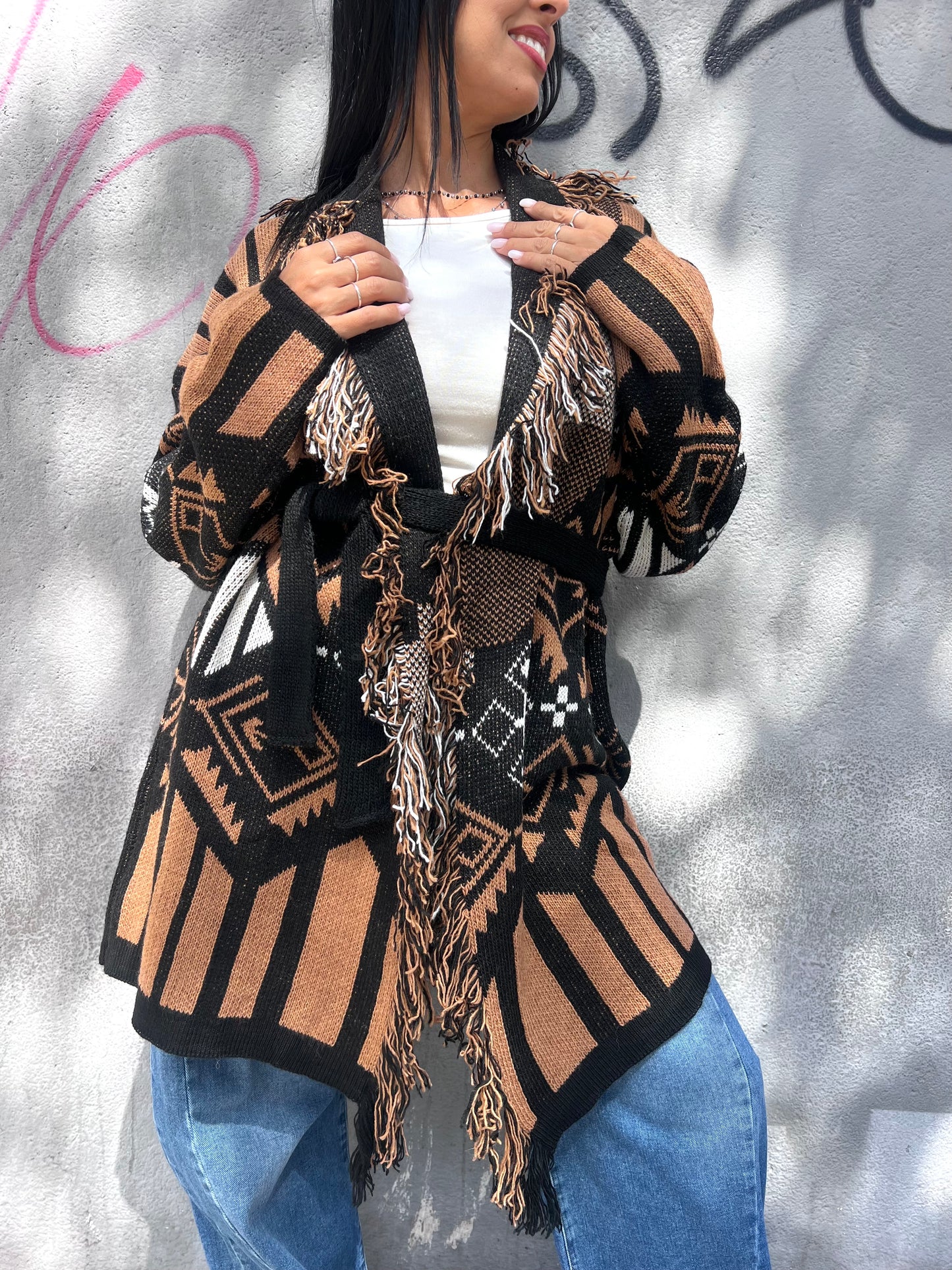 SUSY MIX CARDIGAN CABAN FANTASIA ETNICA FARAH CAMEL