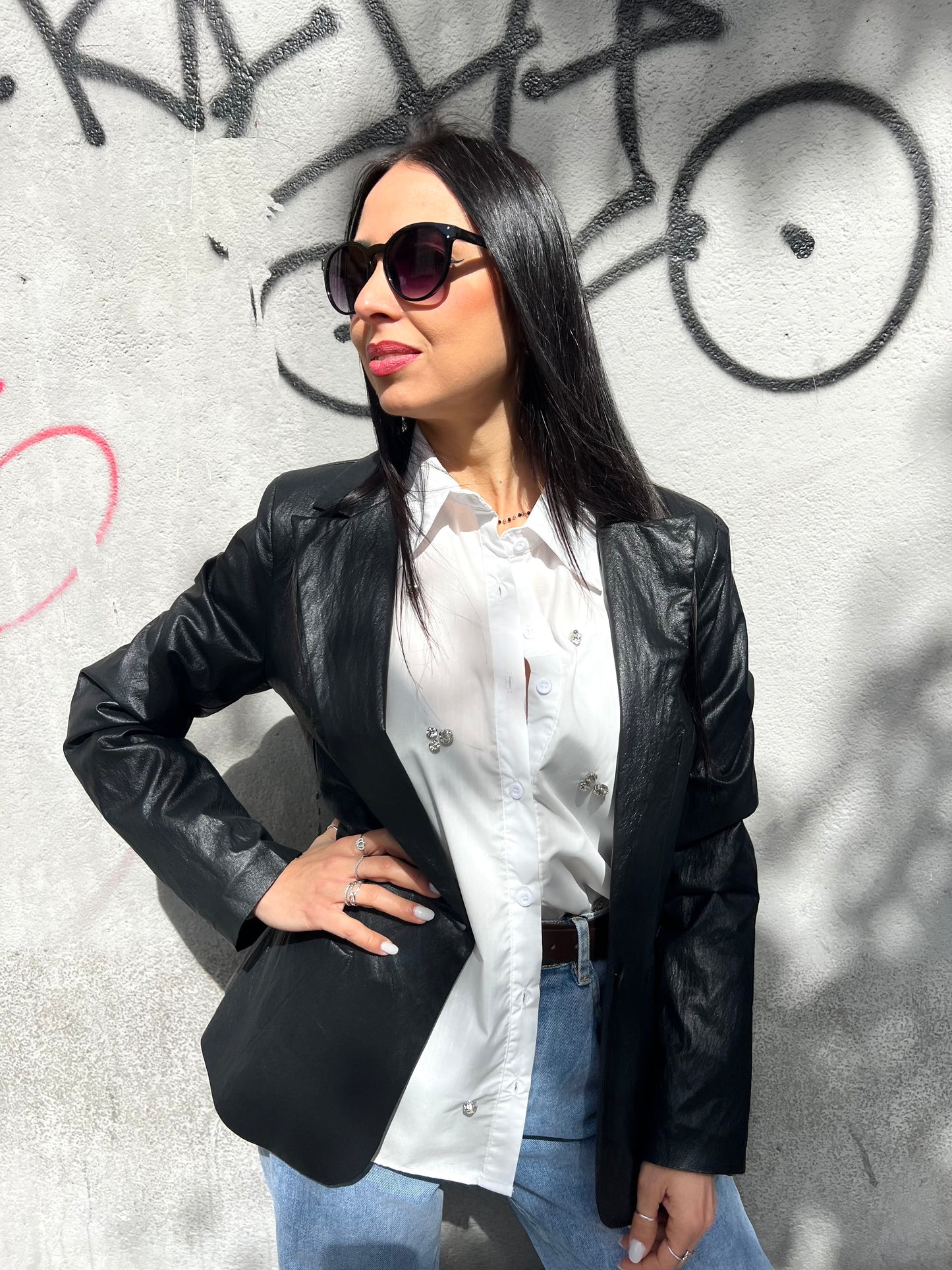 SUSY MIX GIACCA UN BOTTONE ECOPELLE ANTALIA NERO