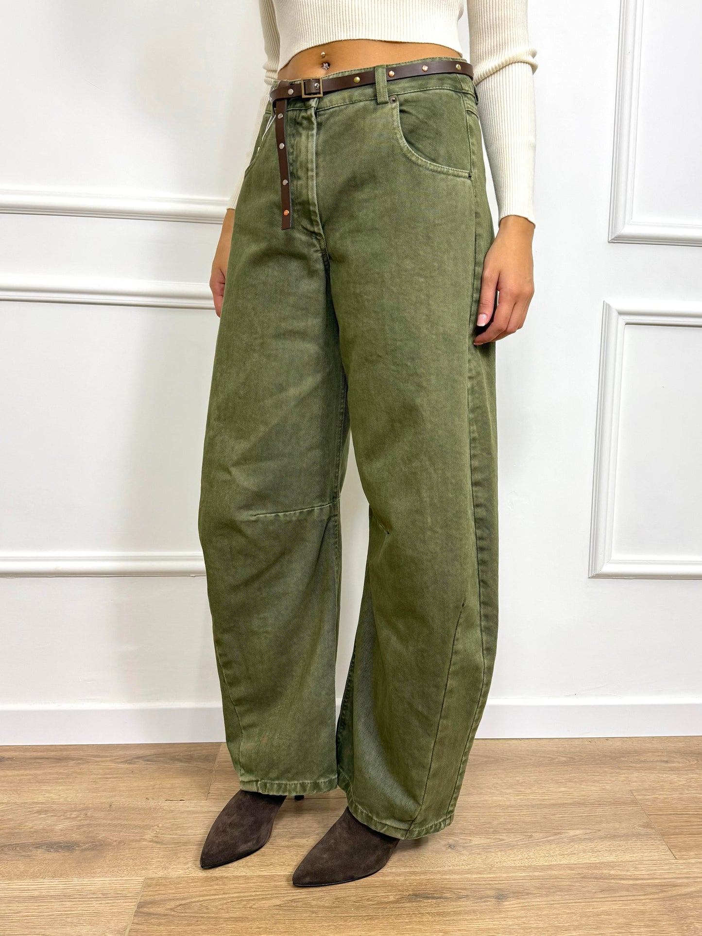 MOTEL DENIM BARREL VITA ALTA CON CINTURINA JALE OLIVA