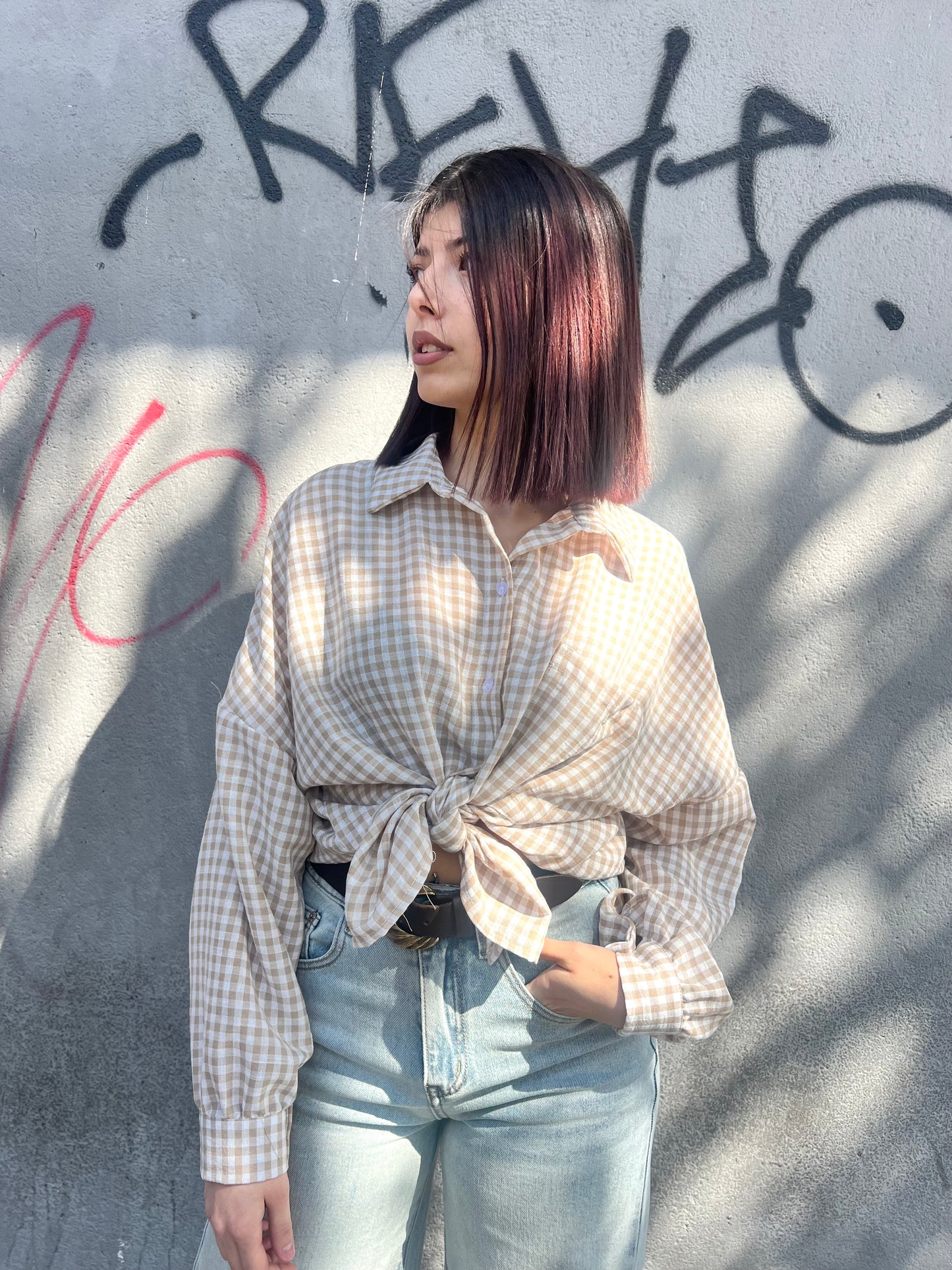 CAMICIA OVER VICHY GARZATA LEANDRA BEIGE