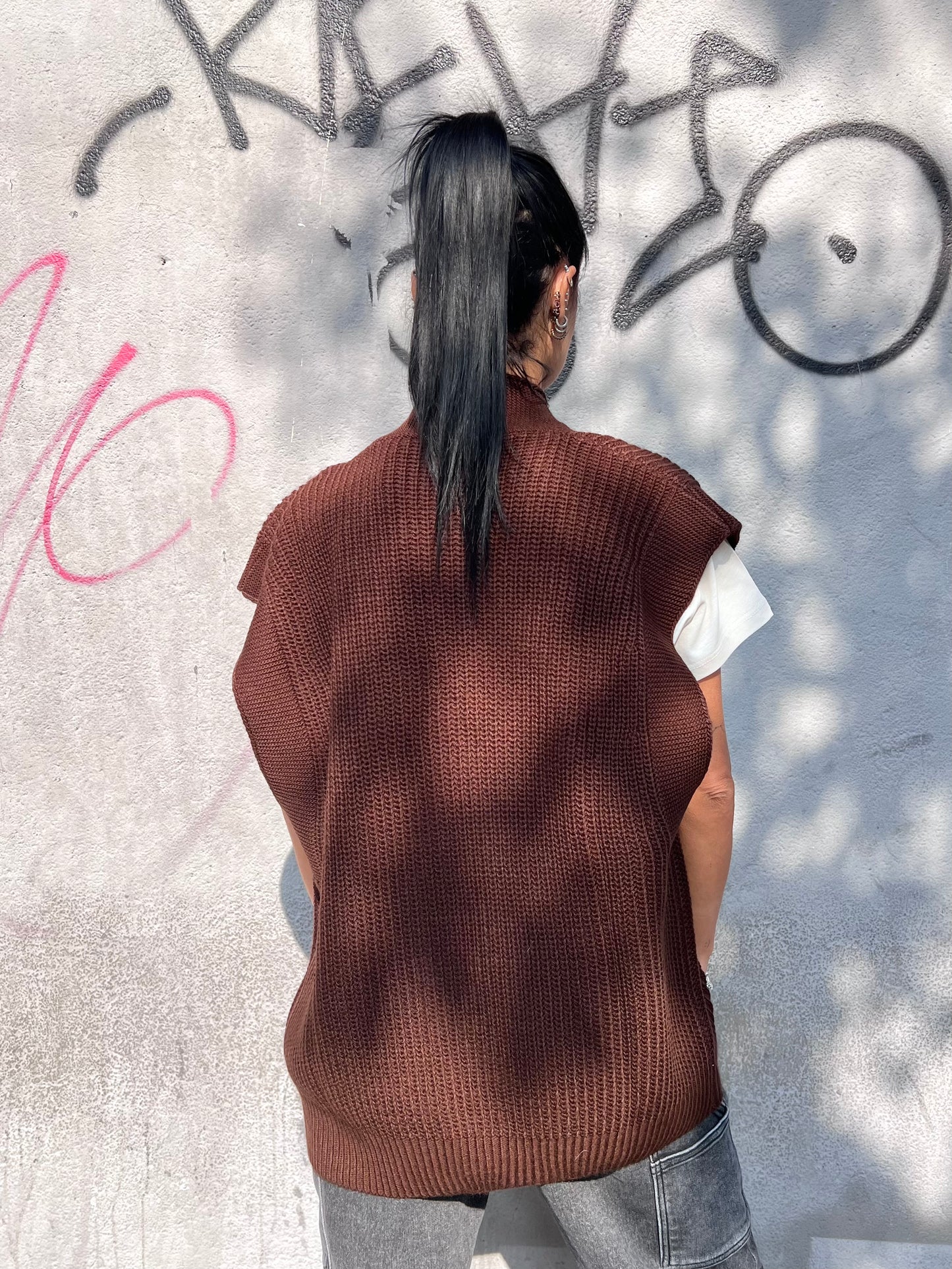 SUSY MIX GILET SCOLLO V BOTTONI YARY CIOCCOLATO