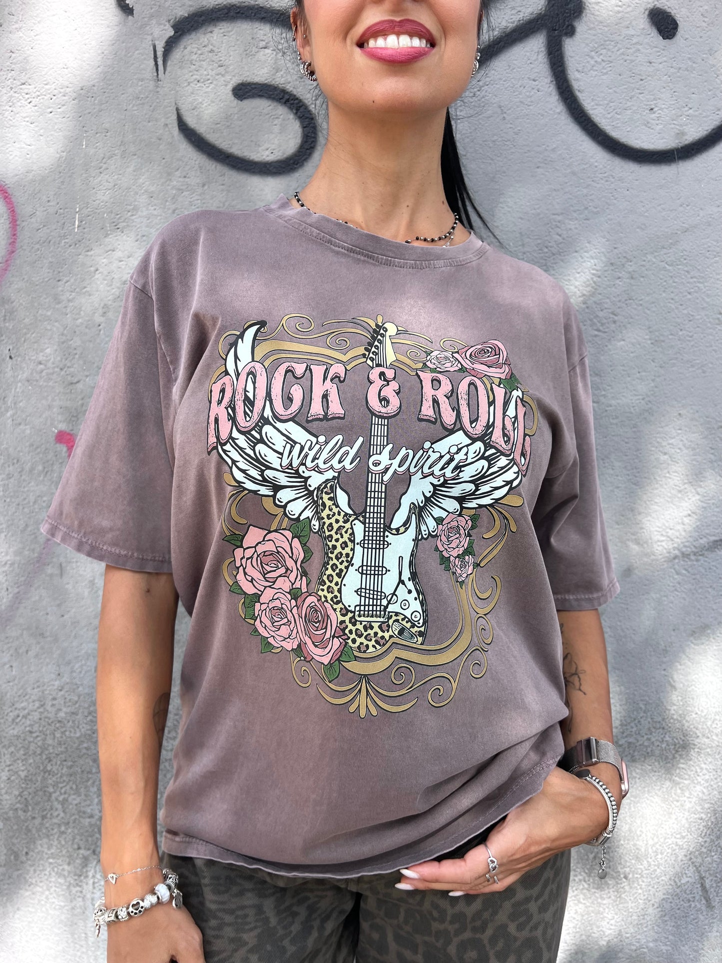 T-SHIRT M/M EFFETTO SLAVATO “ROCK ROLL” MORO