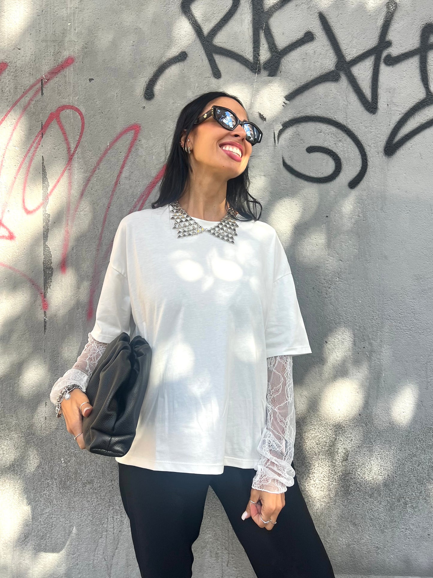 SUSY MIX T-SHIRT GIROCOLLO MANICA PIZZO ALISIA LATTE