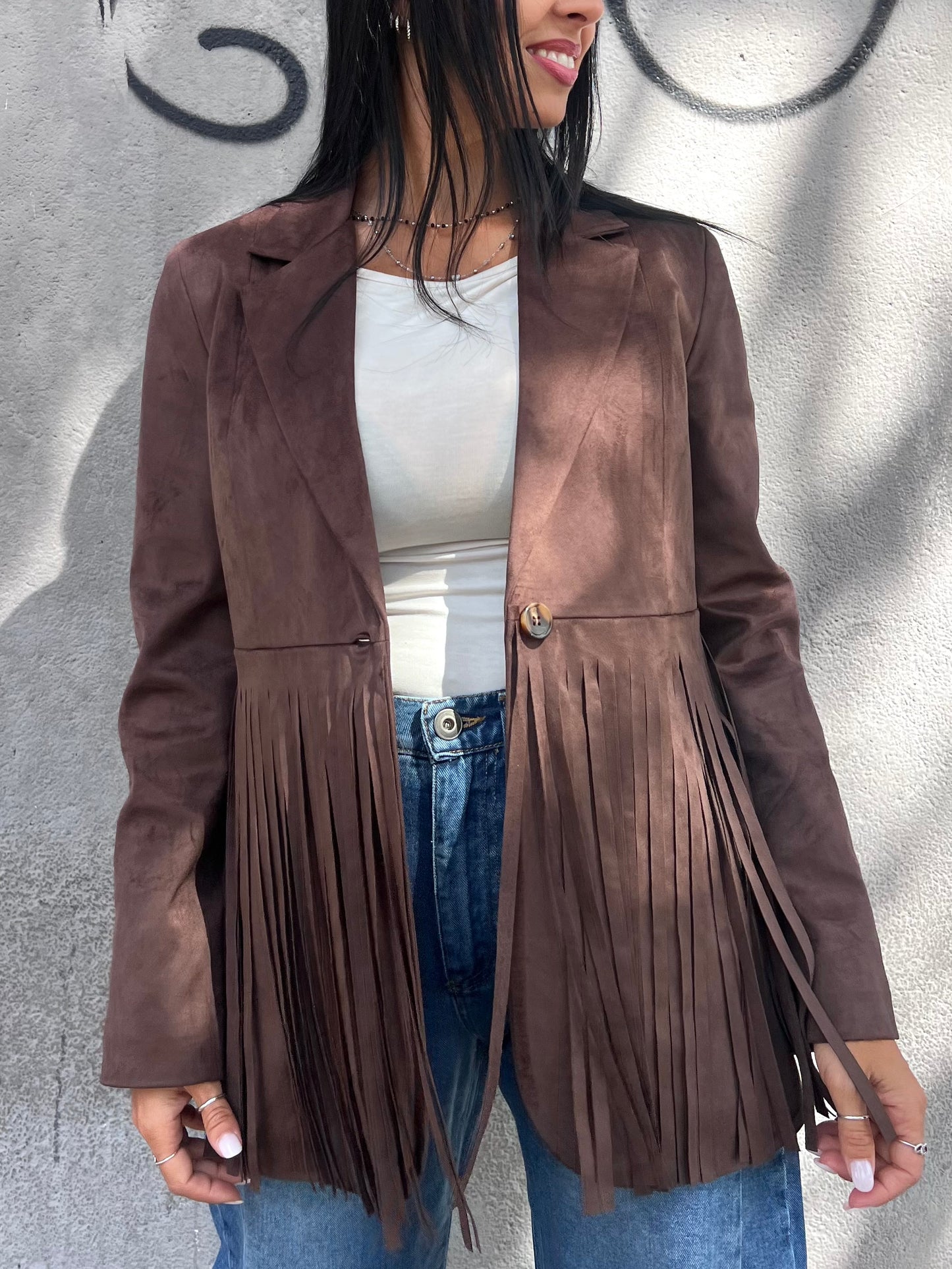 SUSY MIX GIACCA MONOPETTO SUEDE FRANGE LORENA MORO