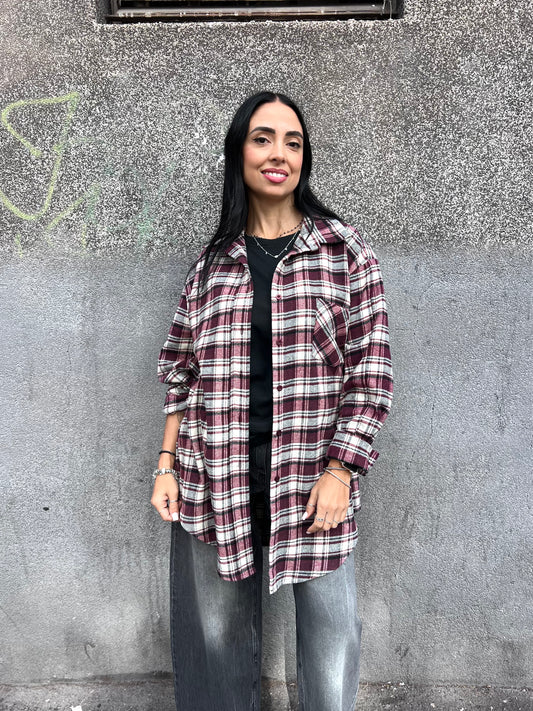 SUSY MIX MAXI CAMICIA CHECK FLANELLA MAVI VINO