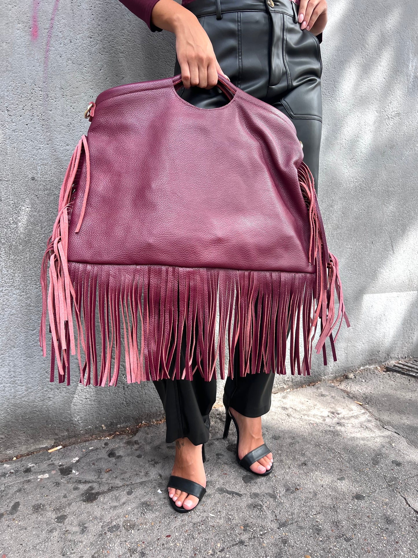 BORSA TOTE BAG MAXI FRANGE PELLE BURGUNDY