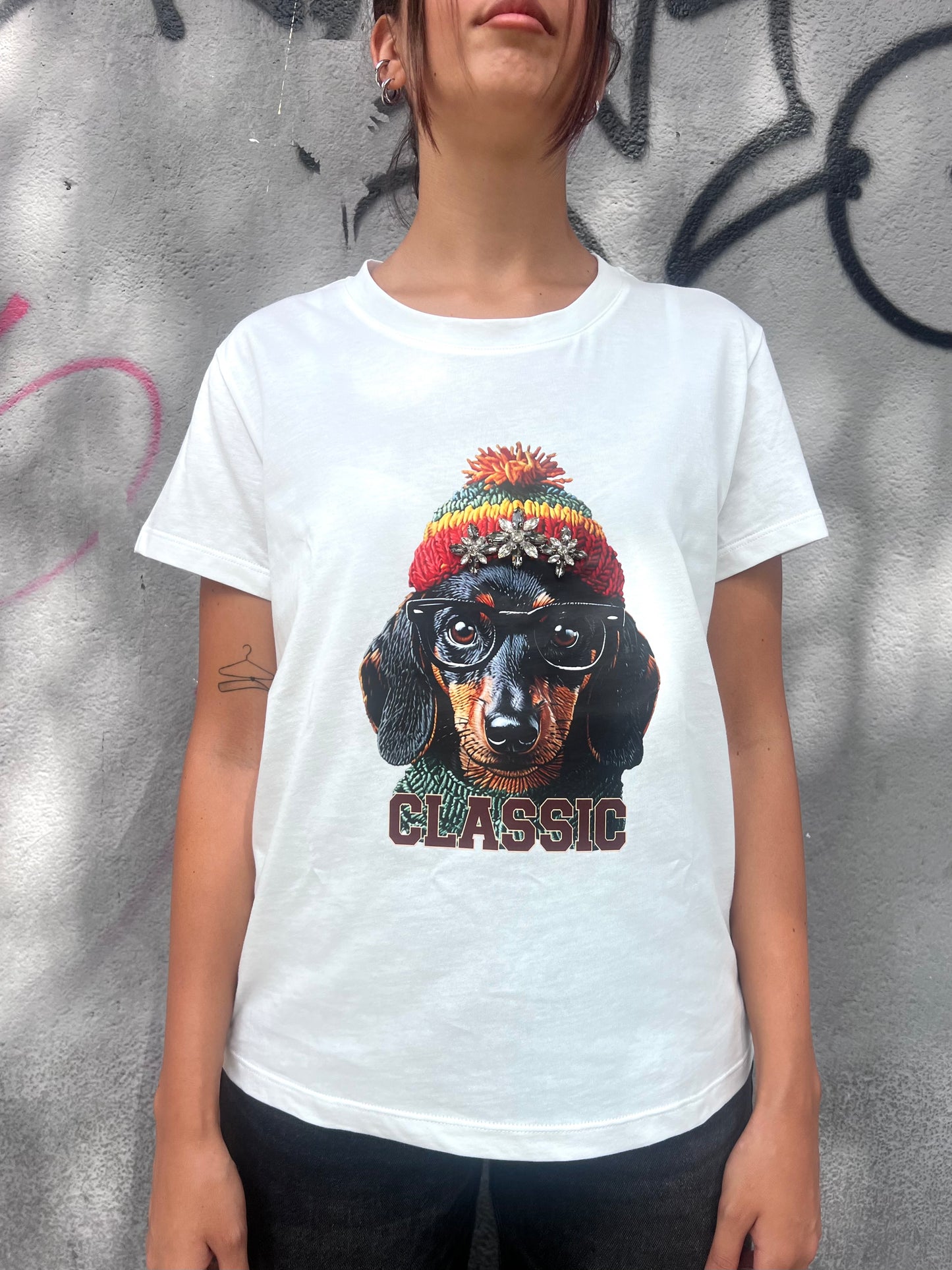 SUSY MIX T-SHIRT M/M STAMPA BASSOTTO STRASS BIANCO
