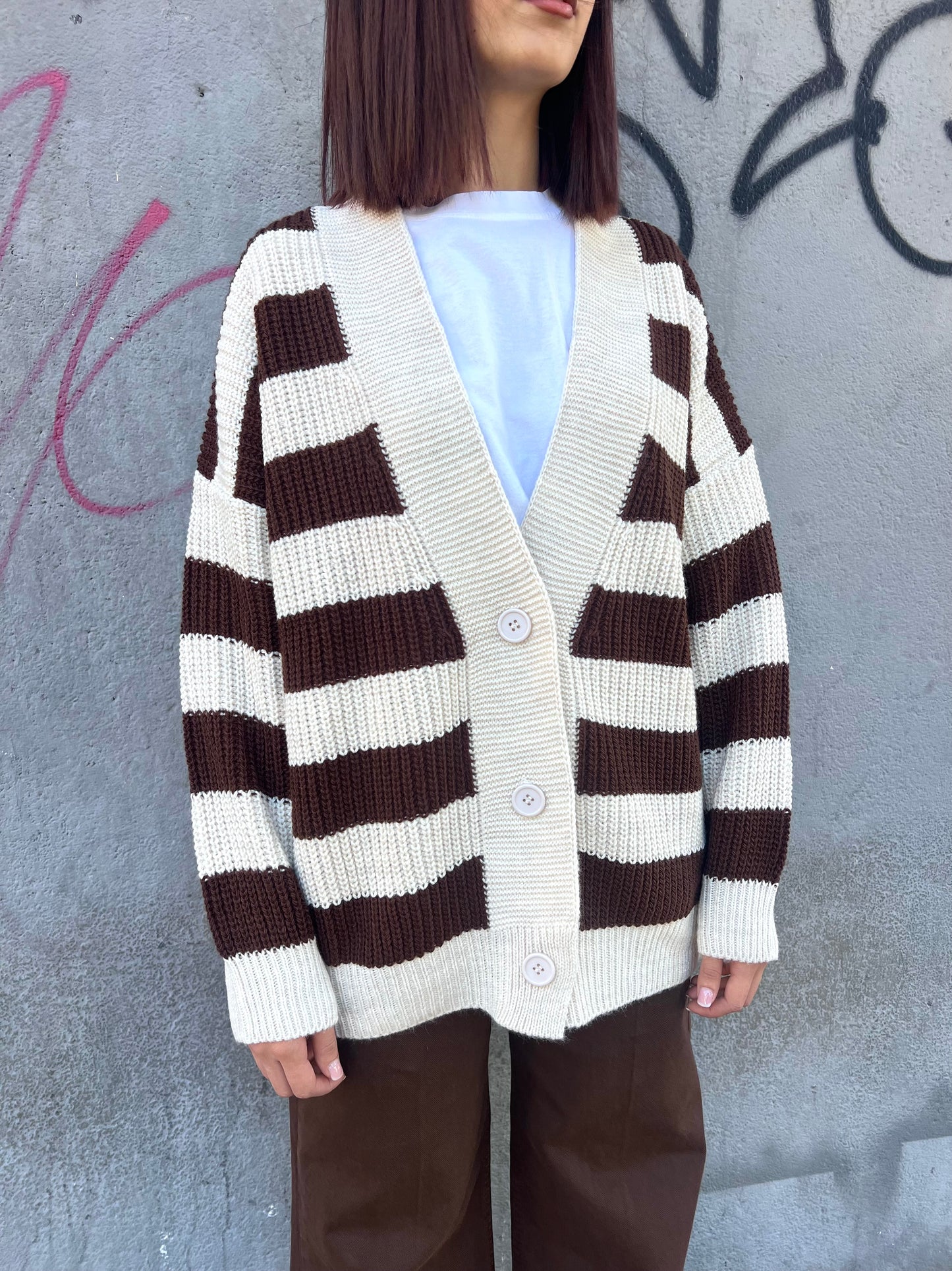 SUSY MIX CARDIGAN OVER RIGHE MARGHE MOKA
