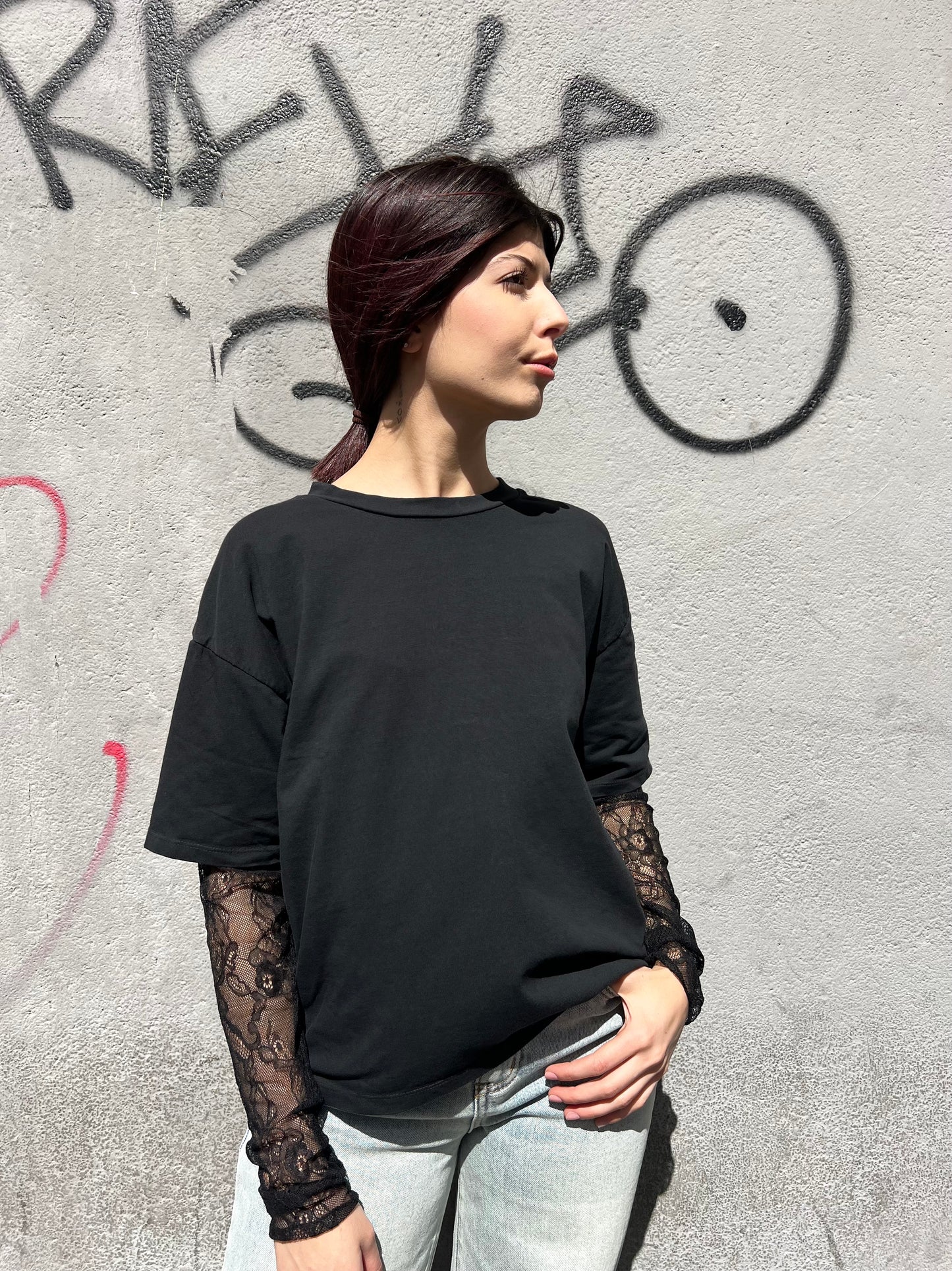 SUSY MIX T-SHIRT GIROCOLLO MANICA PIZZO ALISIA NERO