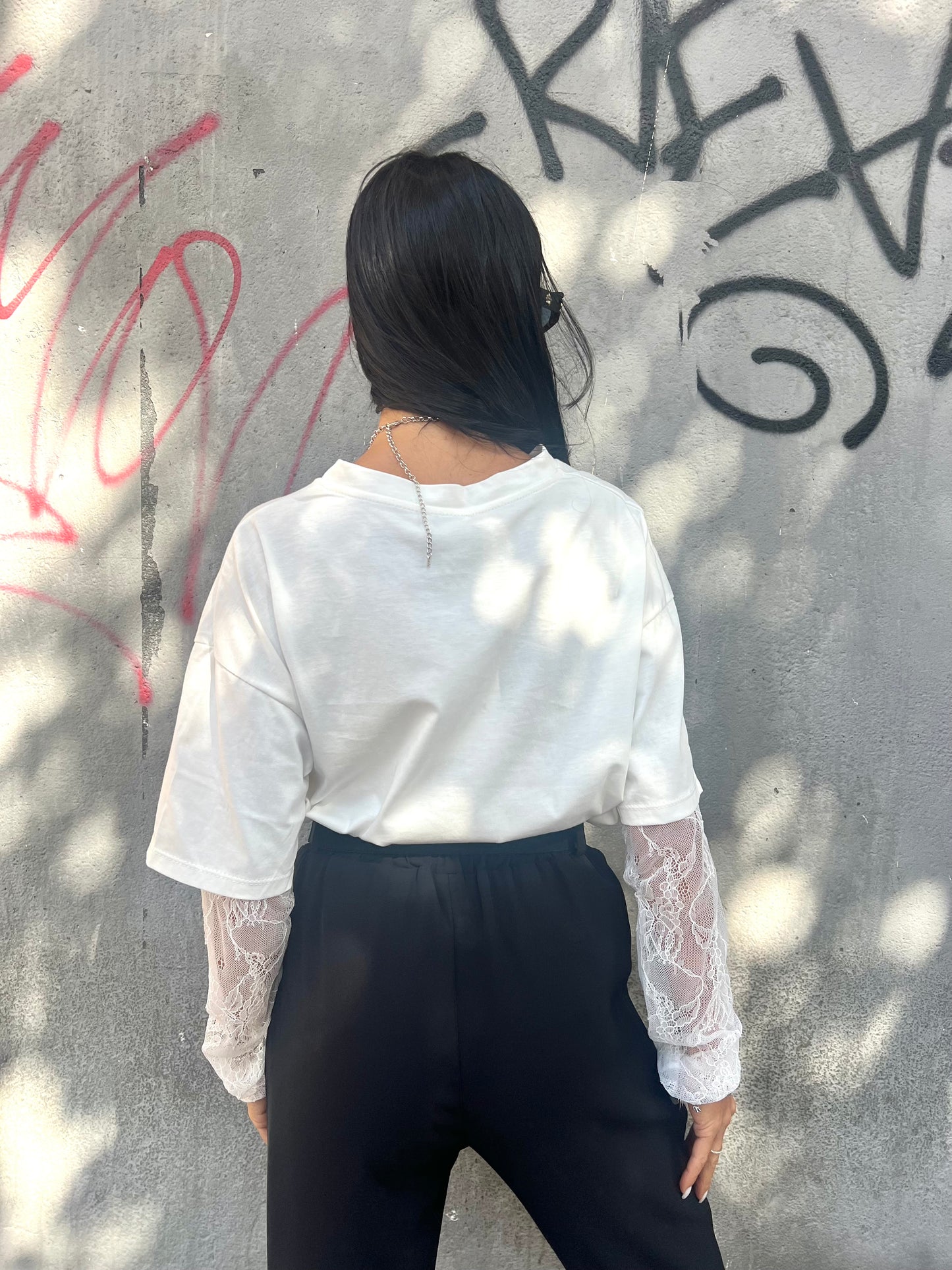 SUSY MIX T-SHIRT GIROCOLLO MANICA PIZZO ALISIA LATTE