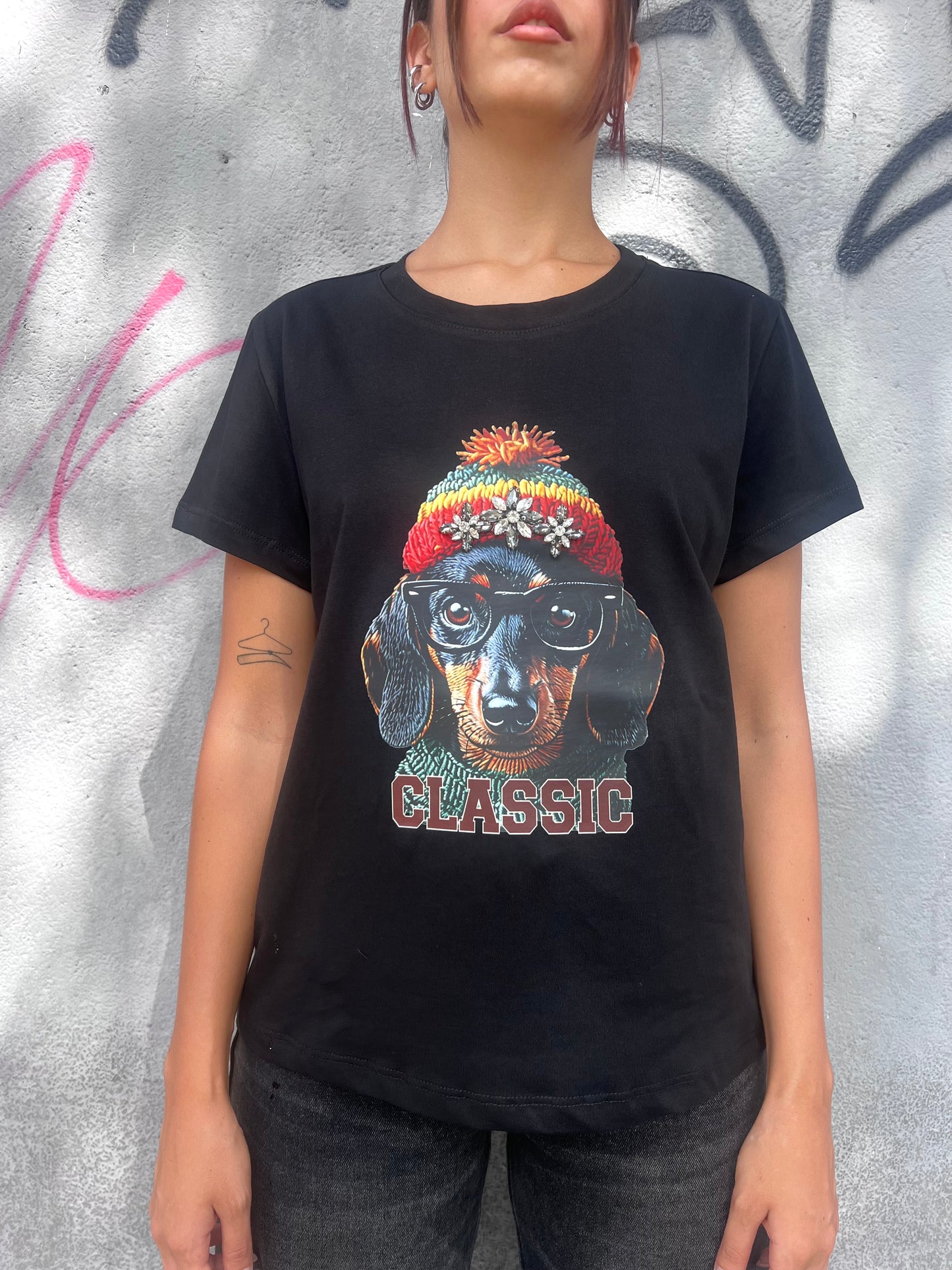 SUSY MIX T-SHIRT M/M STAMPA BASSOTTO STRASS NERO