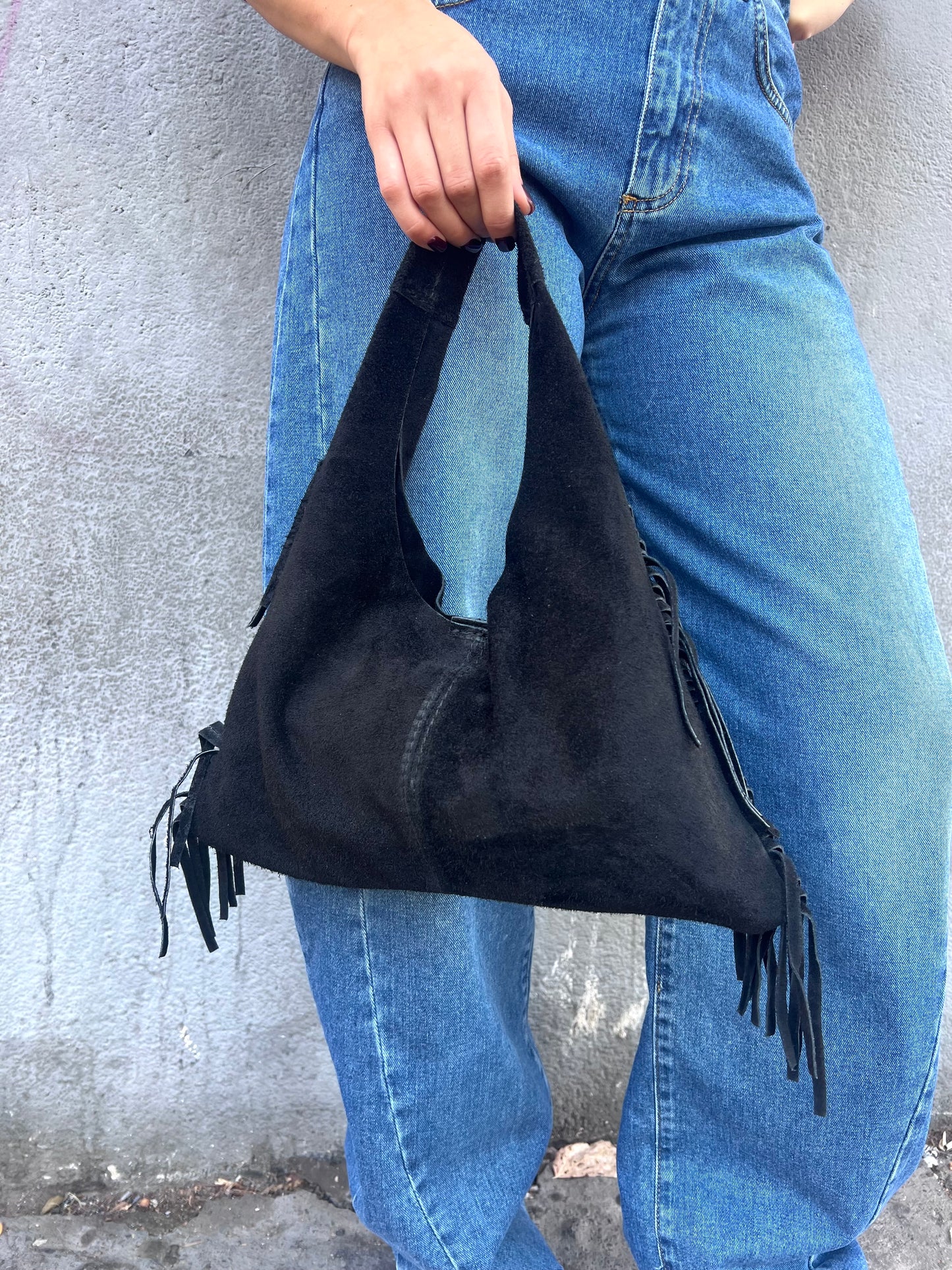 BORSA MINI SAC PELLE SUEDE CON FRANGE DEVA NERO