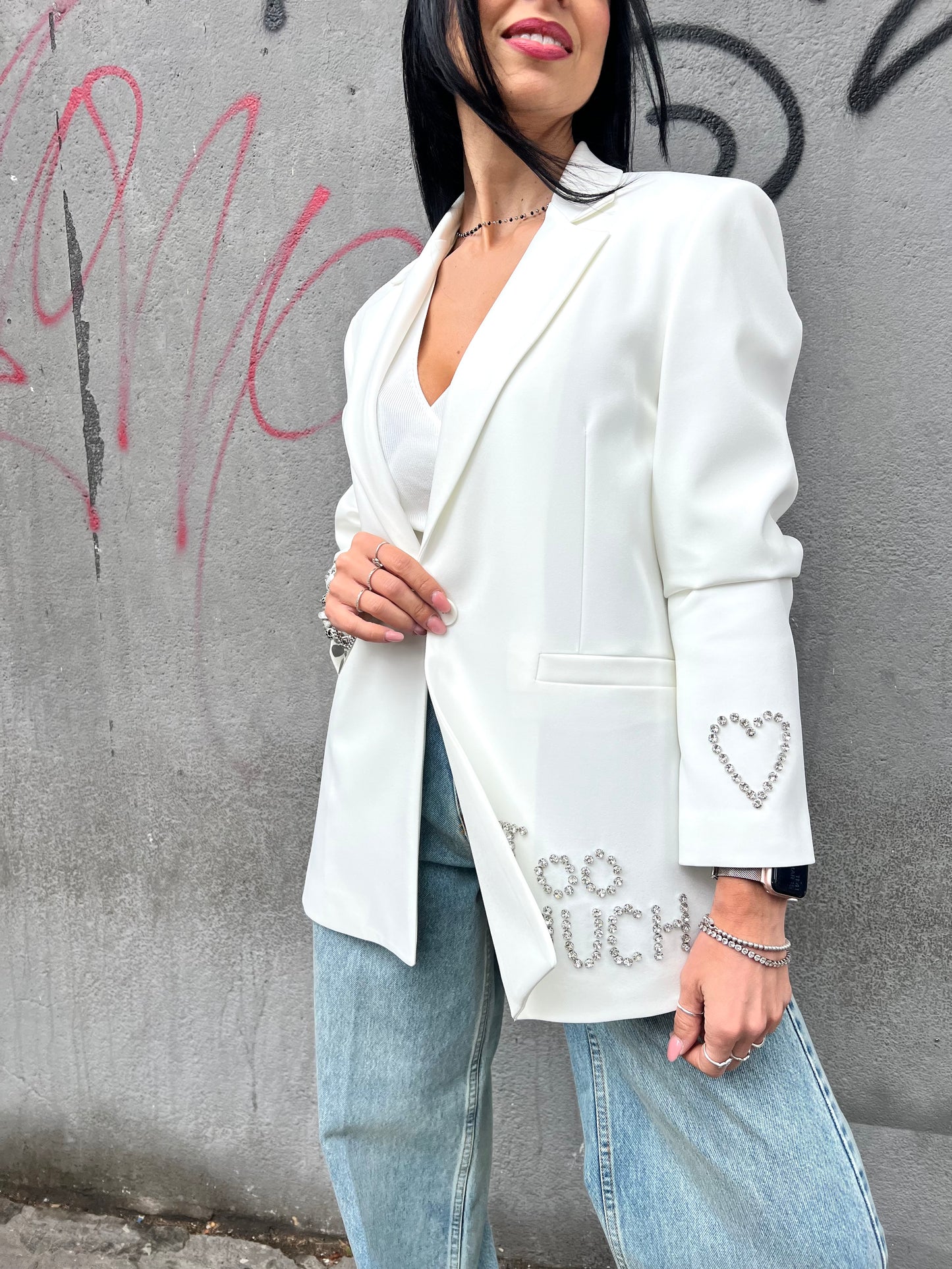 SUSY MIX GIACCA MONOPETTO STRASS “TOO MUCH” BIANCO
