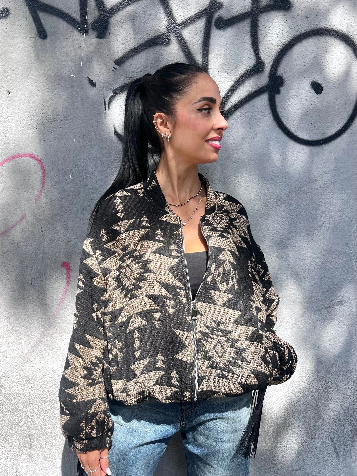 SUSY MIX BOMBER FRANGE FINE TRAMA JACQUARD NERO